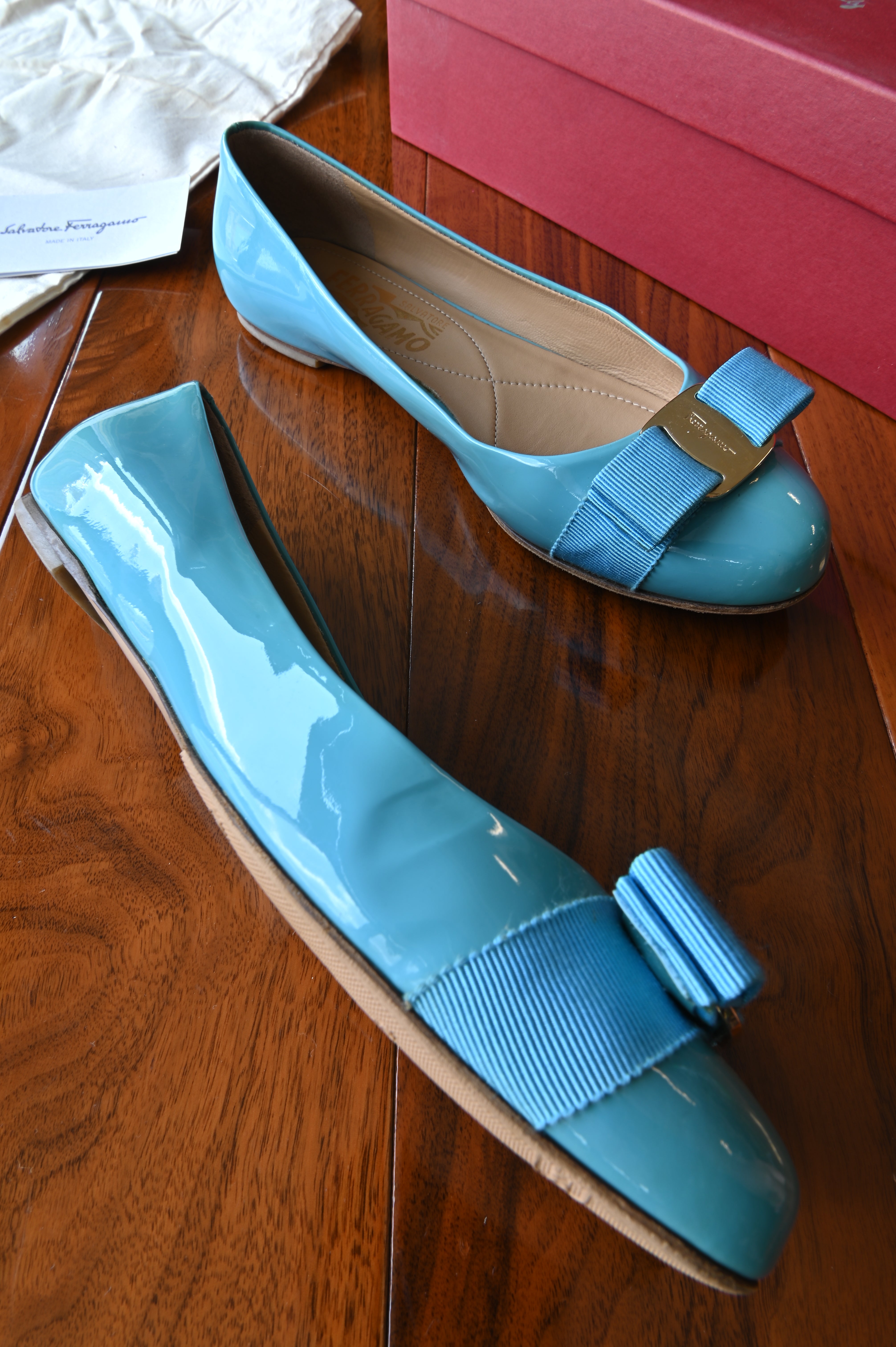Salvatore Ferragamo Light Blue Ballerina Pumps left