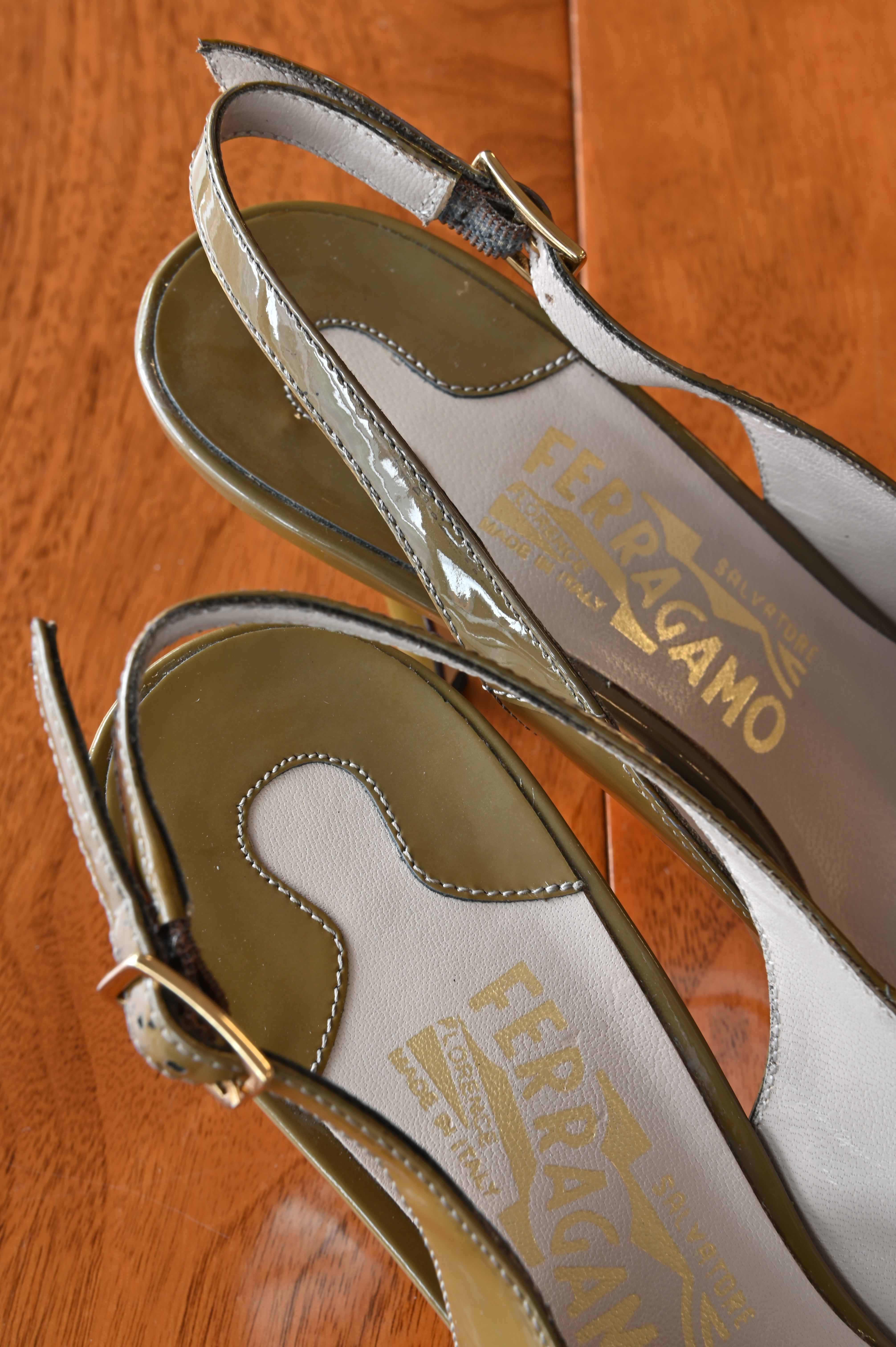 Salvatore Ferragamo Olive Green Patent Pumps back