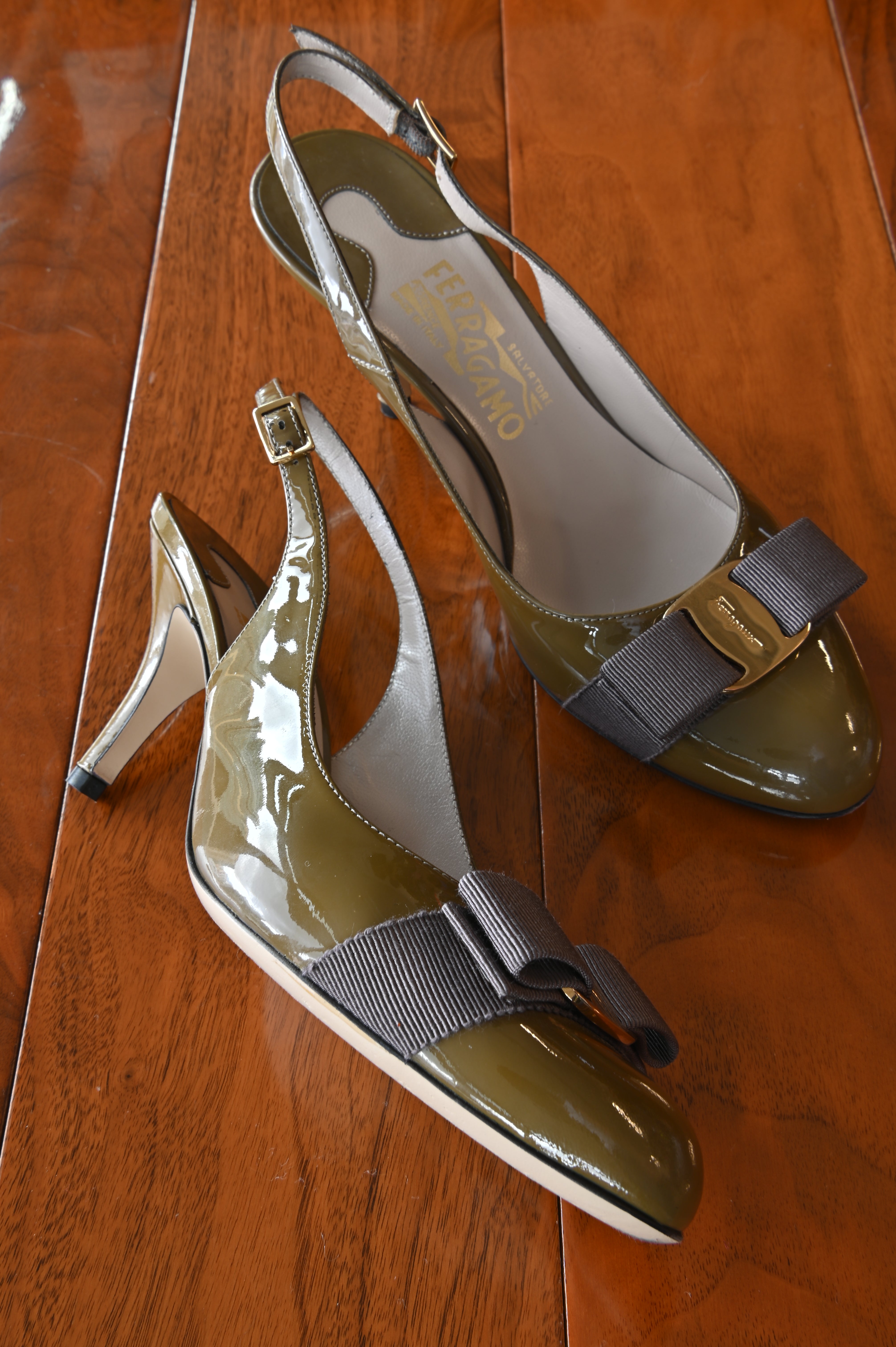 Salvatore Ferragamo Olive Green Patent Pumps left