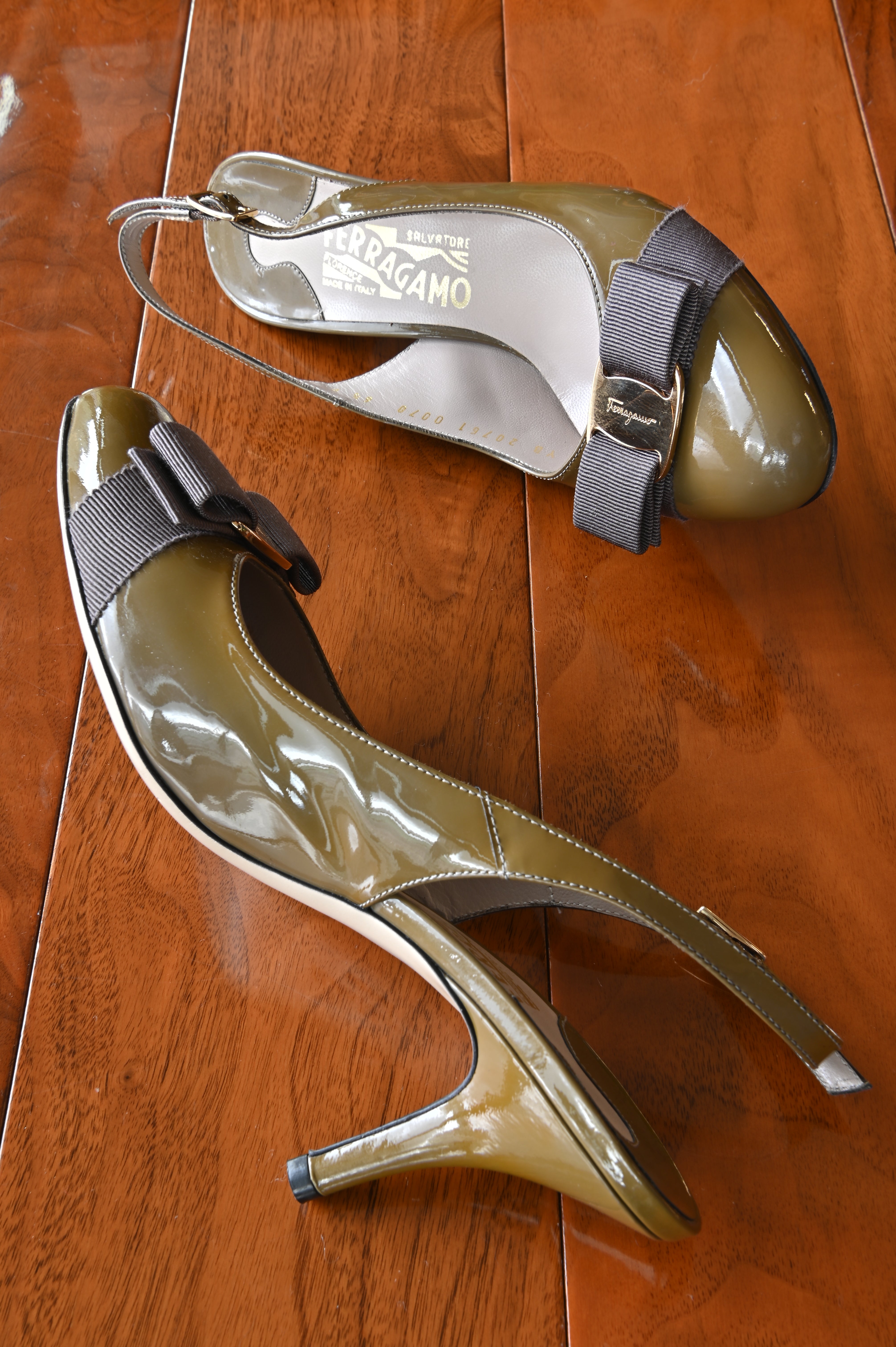 Salvatore Ferragamo Olive Green Patent Pumps side two