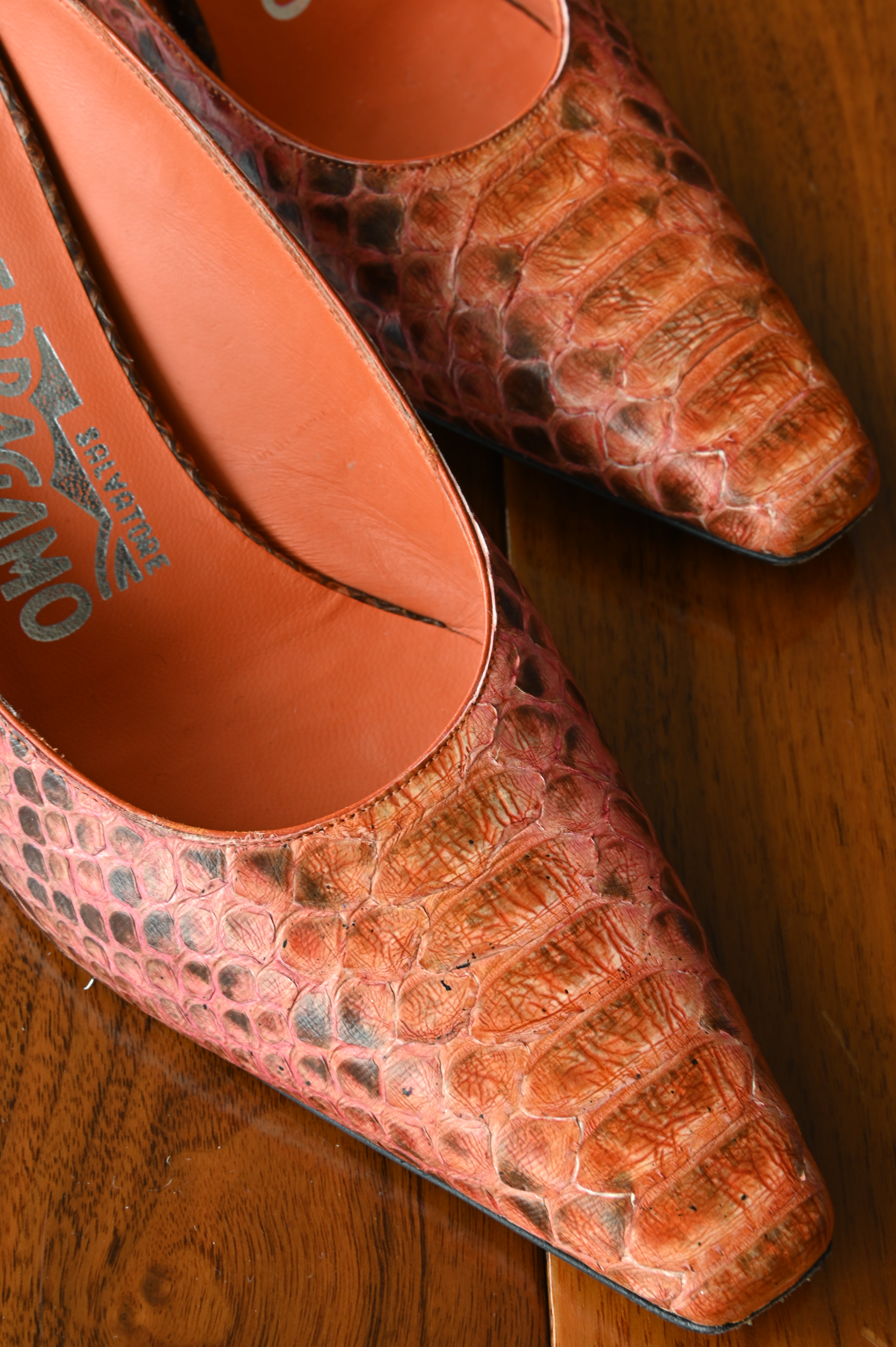 Salvatore Ferragamo Orange Python Heels front