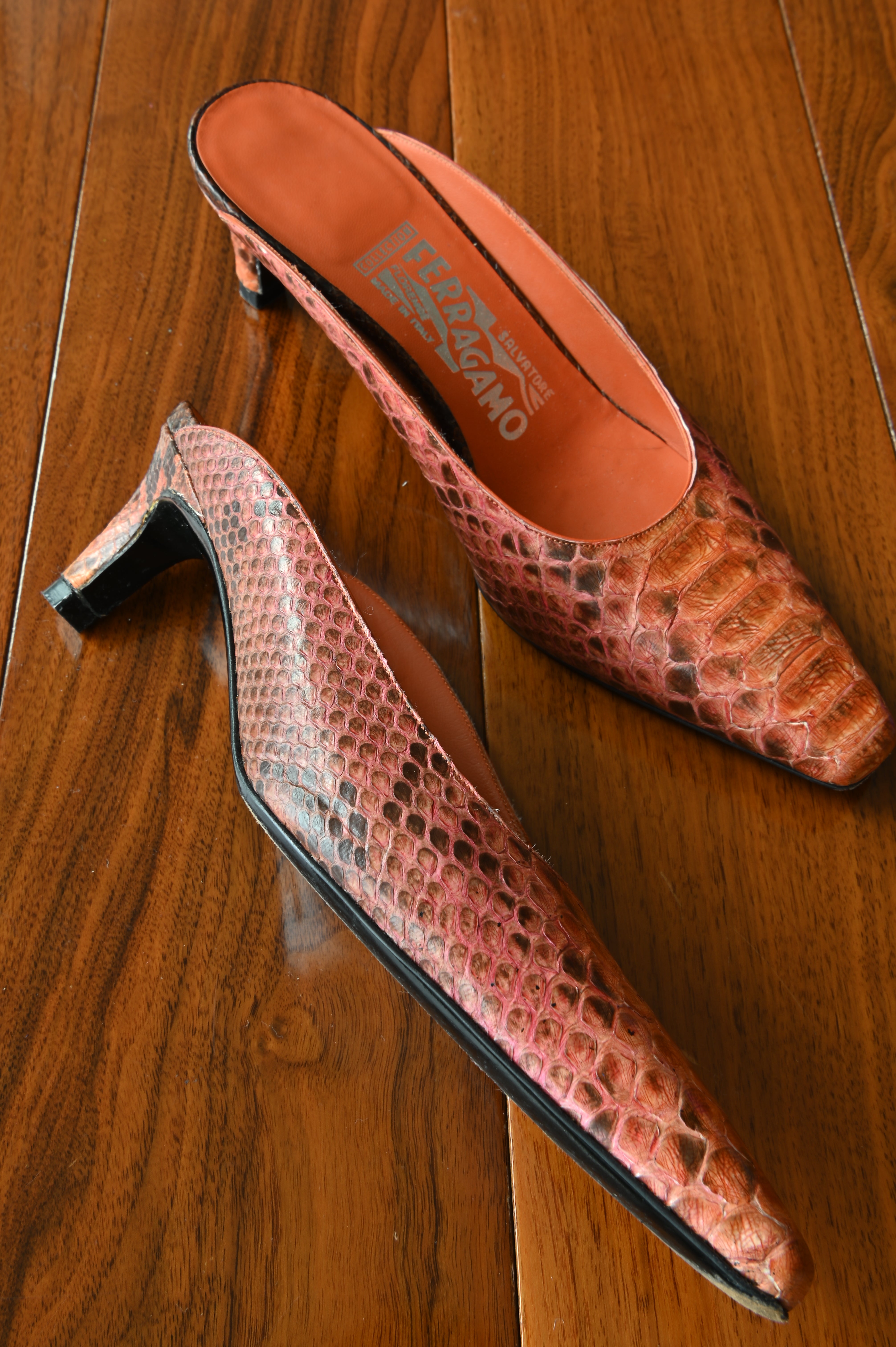 Salvatore Ferragamo Orange Python Heels left