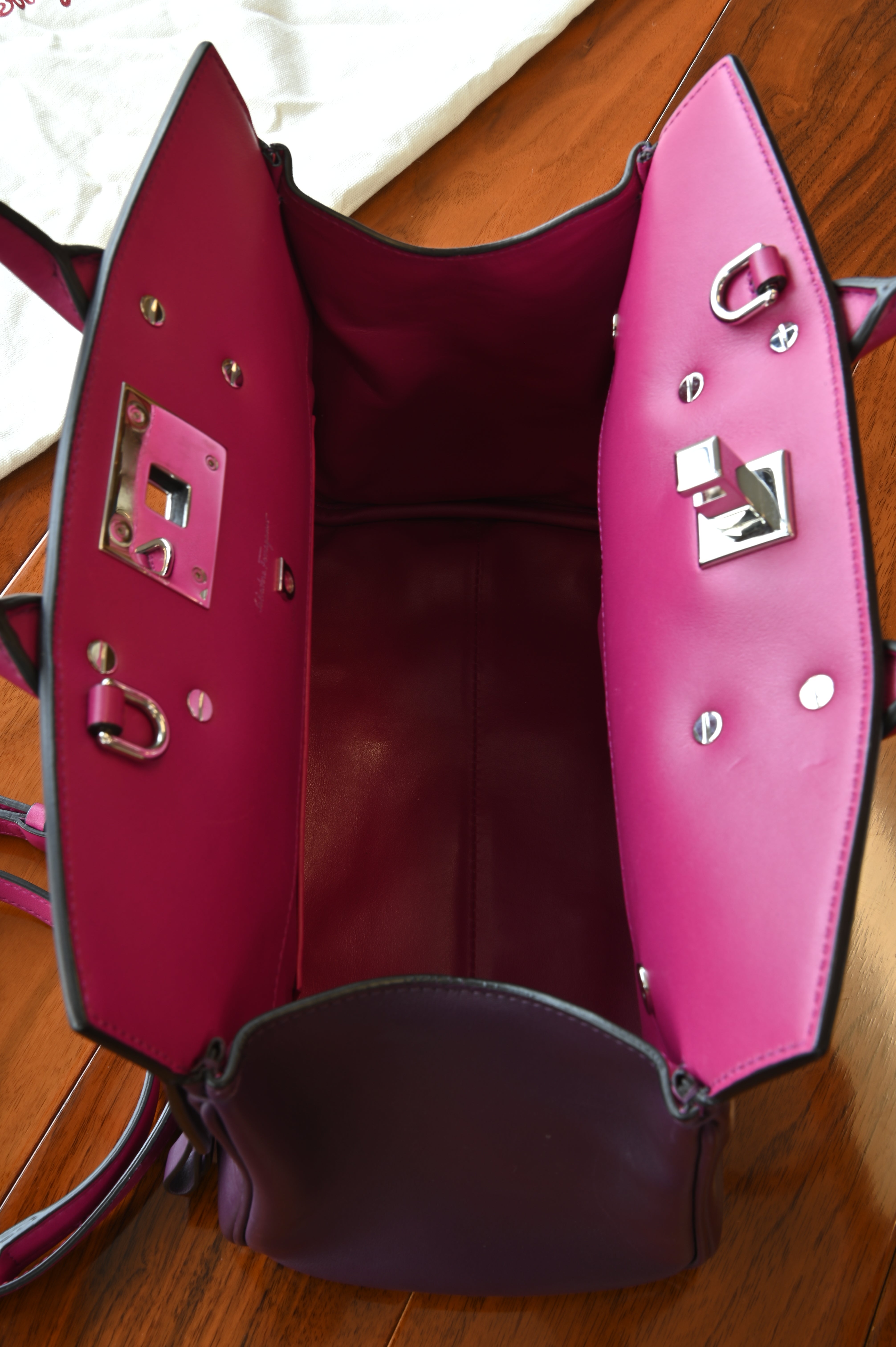 Salvatore Ferragamo Purple Pink Top Handle Bag open
