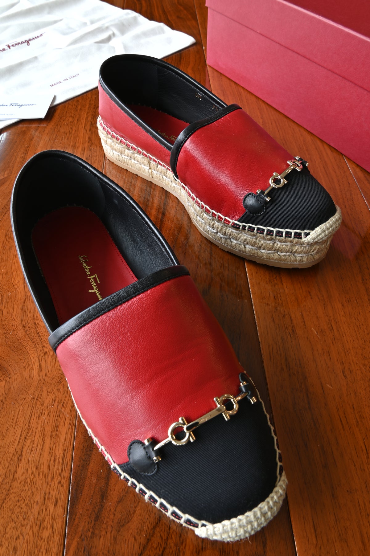 Salvatore Ferragamo Red Black Espadrille Loafers in Gold Hardware
