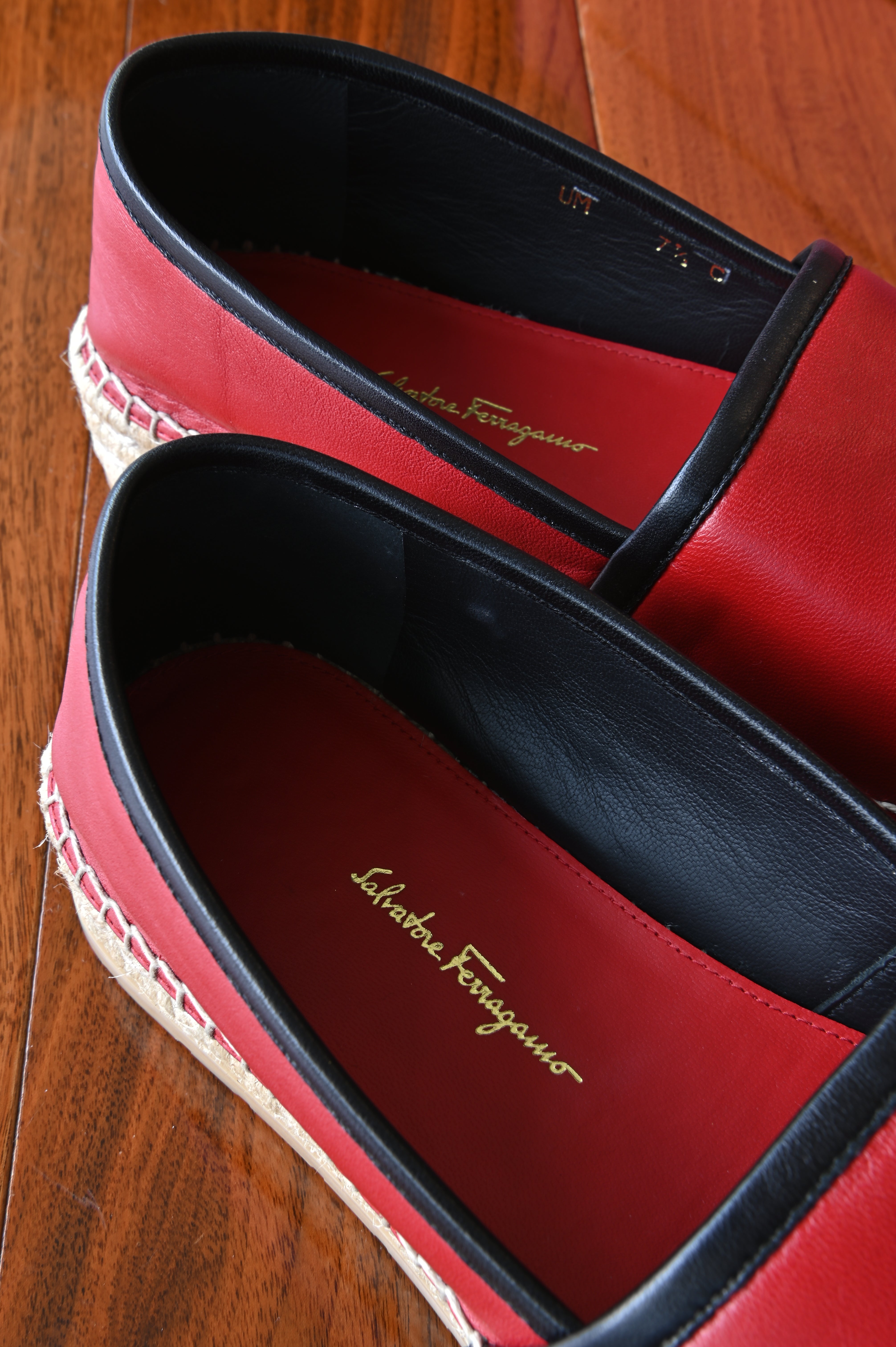 Salvatore Ferragamo Red Black Espadrille Loafers in Gold Hardware back