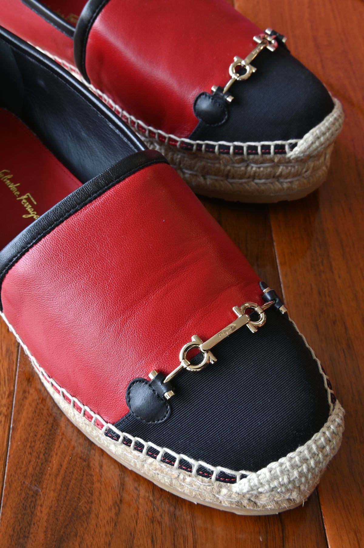 Salvatore Ferragamo Red Black Espadrille Loafers in Gold Hardware front