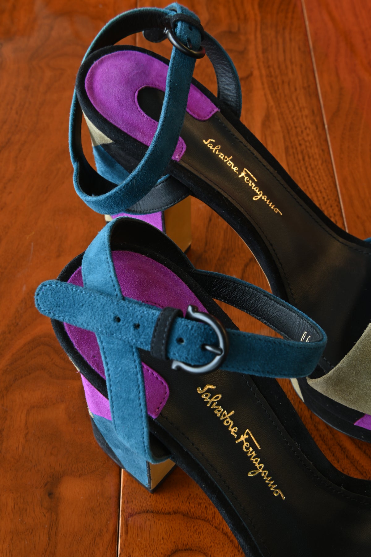 Salvatore Ferragamo TriColor Suede Sandals back