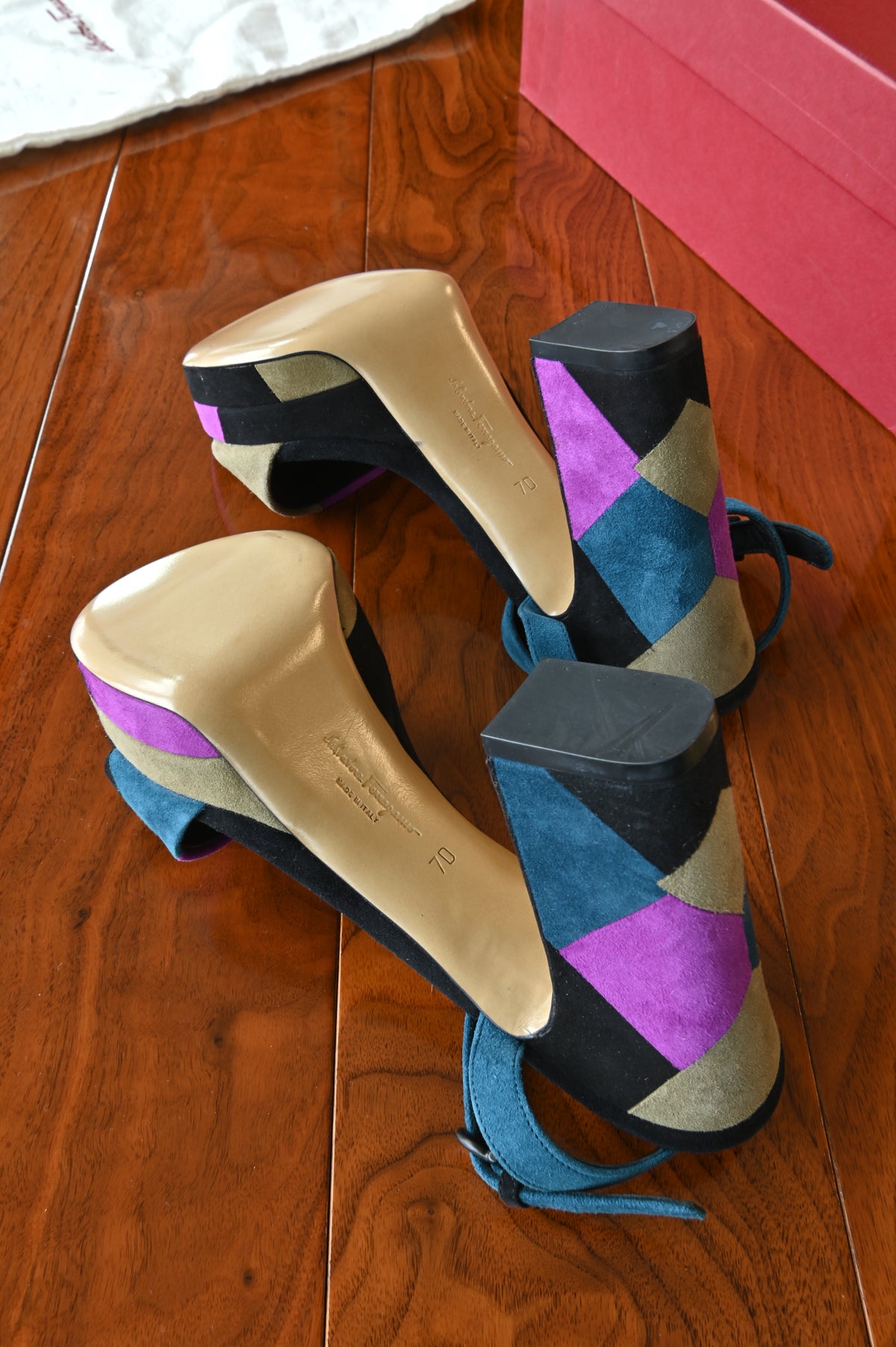 Salvatore Ferragamo TriColor Suede Sandals bottom