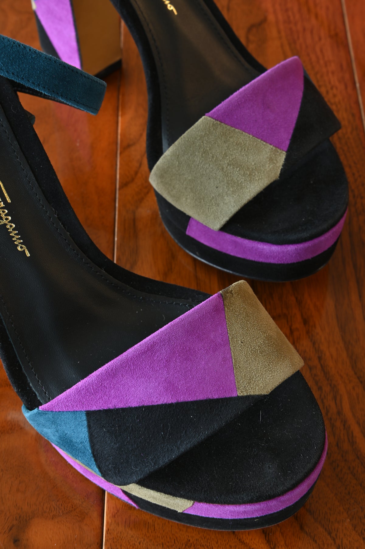 Salvatore Ferragamo TriColor Suede Sandals front