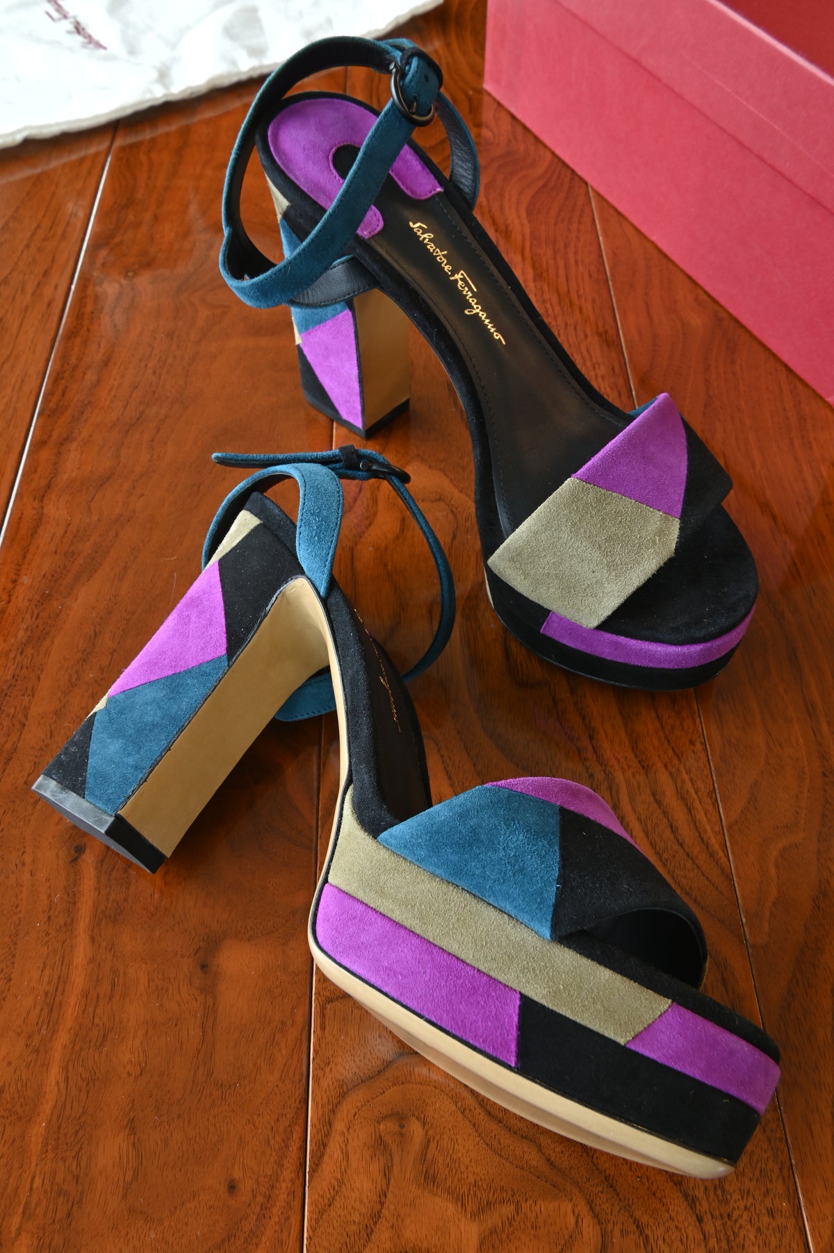 Salvatore Ferragamo TriColor Suede Sandals left