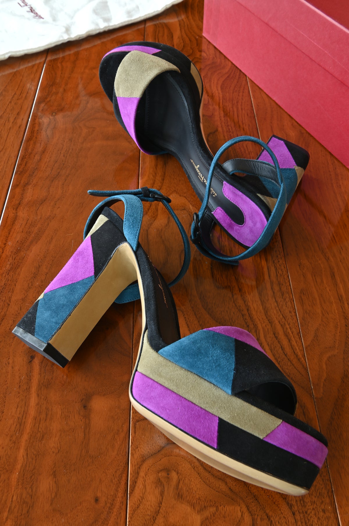 Salvatore Ferragamo TriColor Suede Sandals side