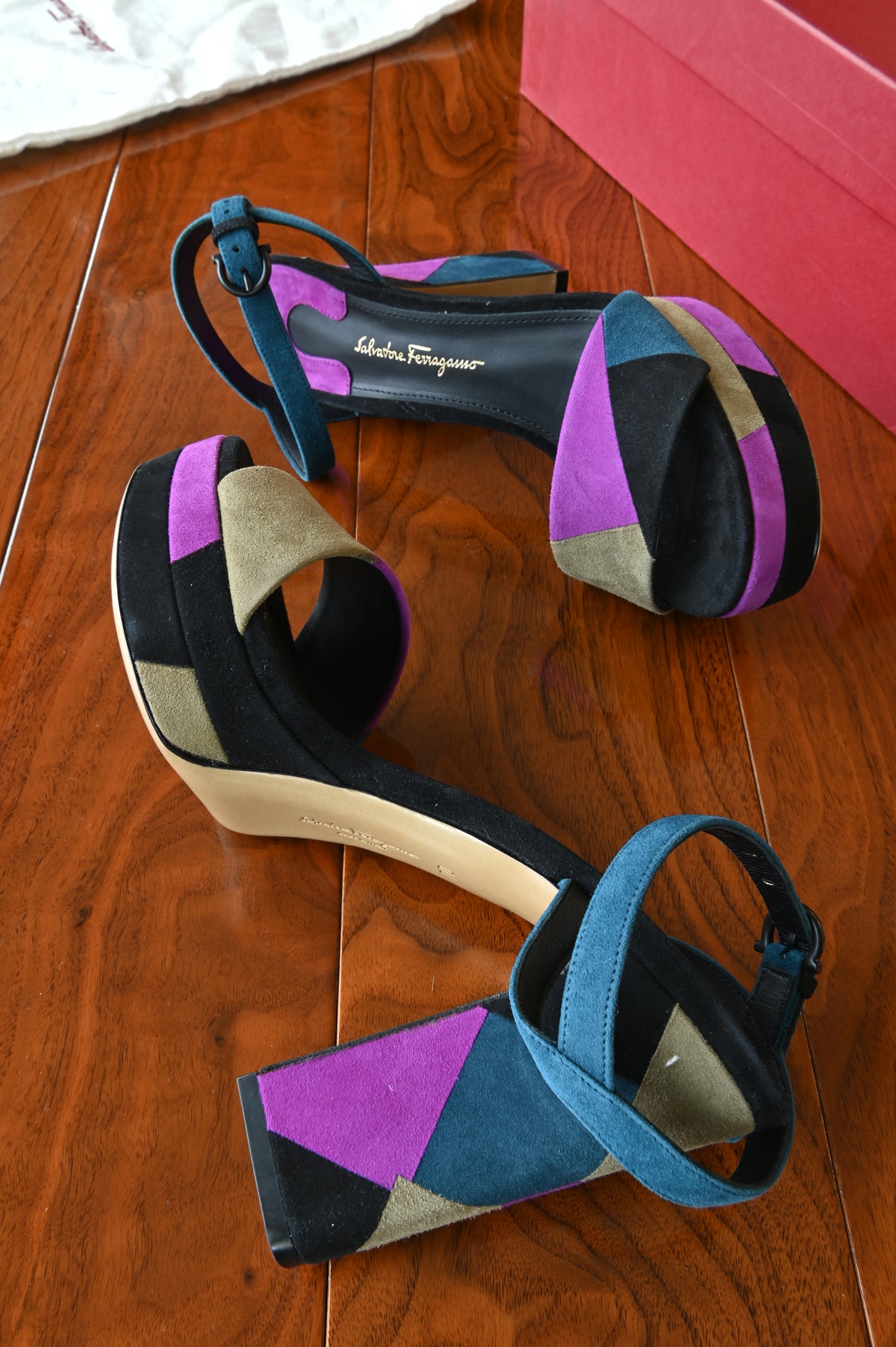 Salvatore Ferragamo TriColor Suede Sandals side two