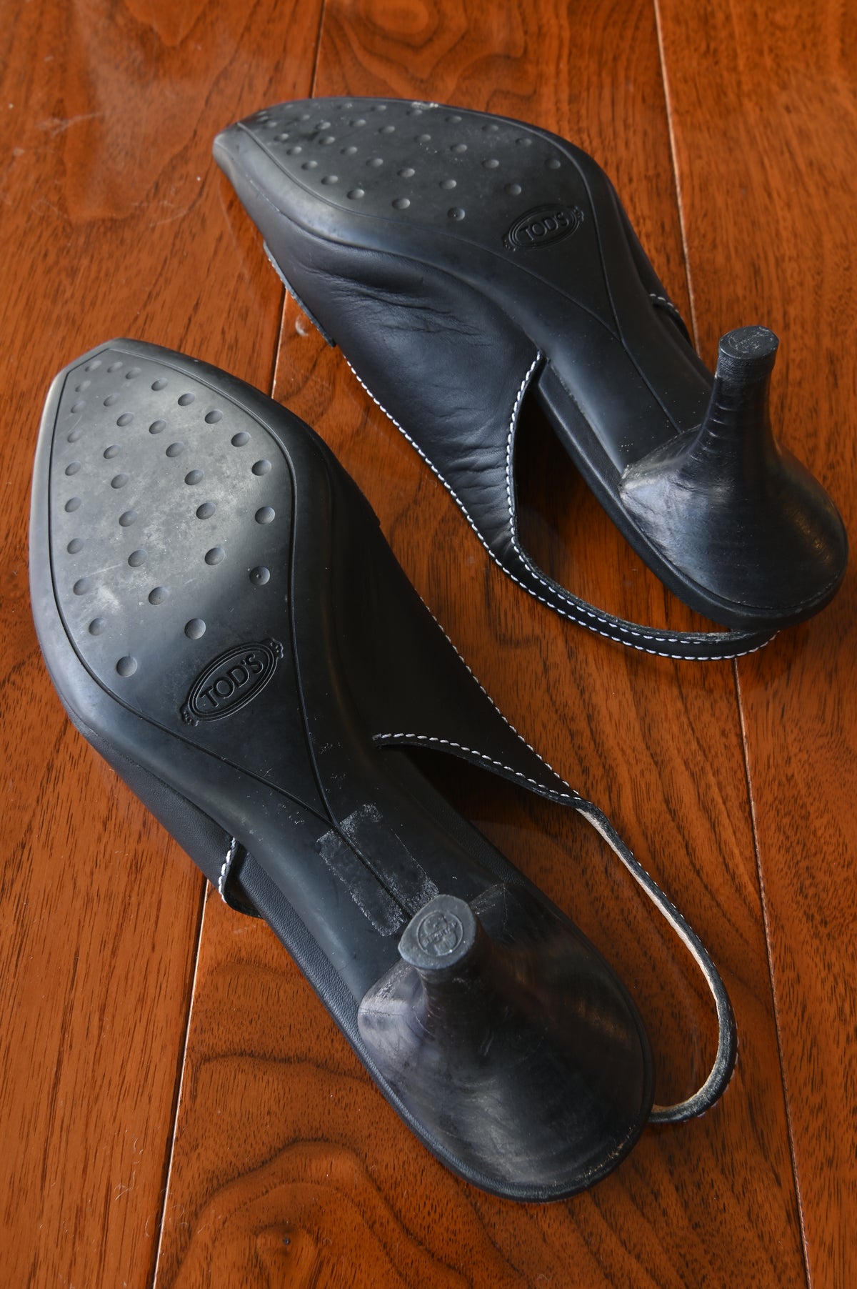 Tod's Black Leather Pointed Slingback Heels bottom