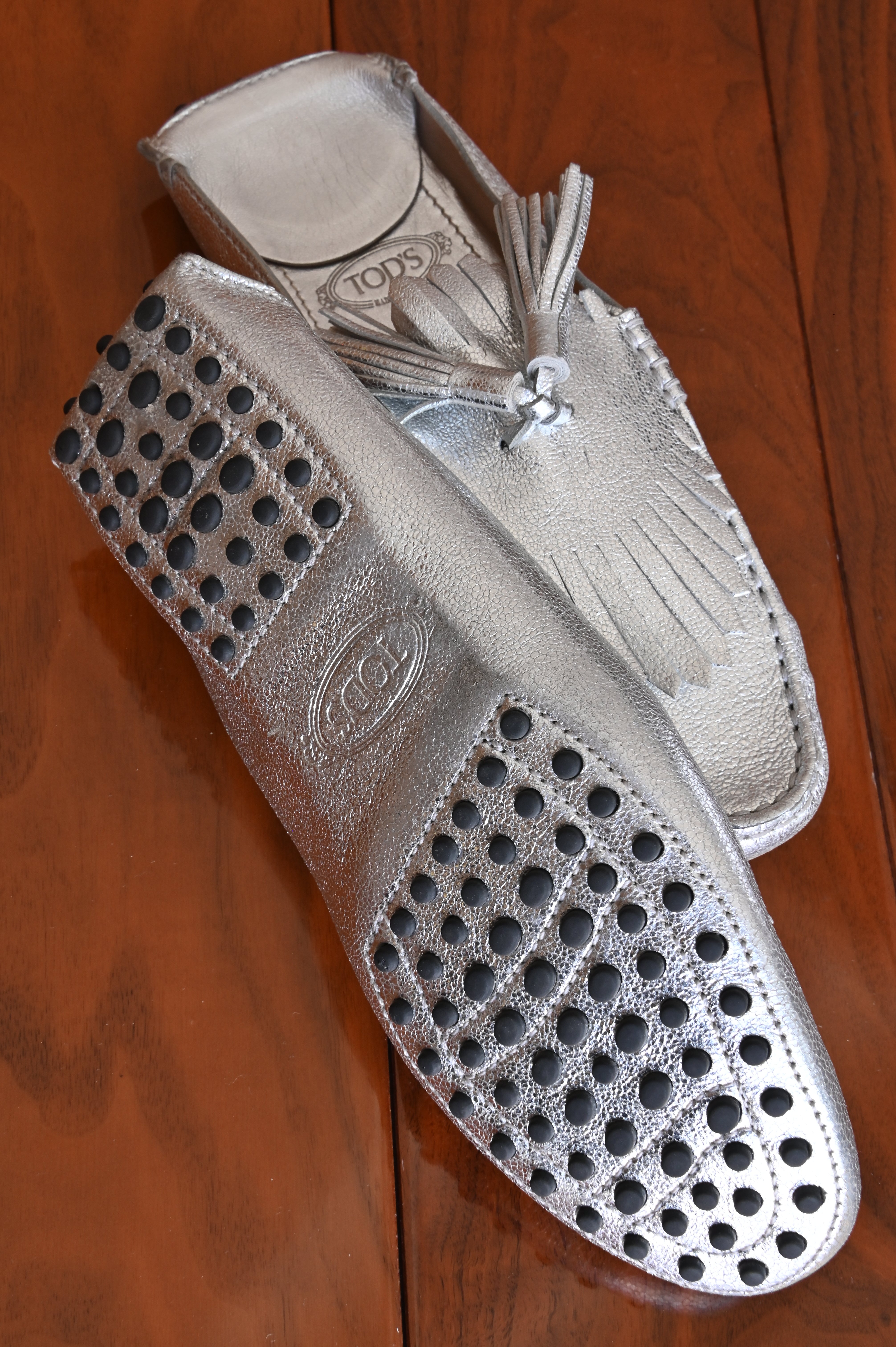 Tod's Silver Gommino Loafers left