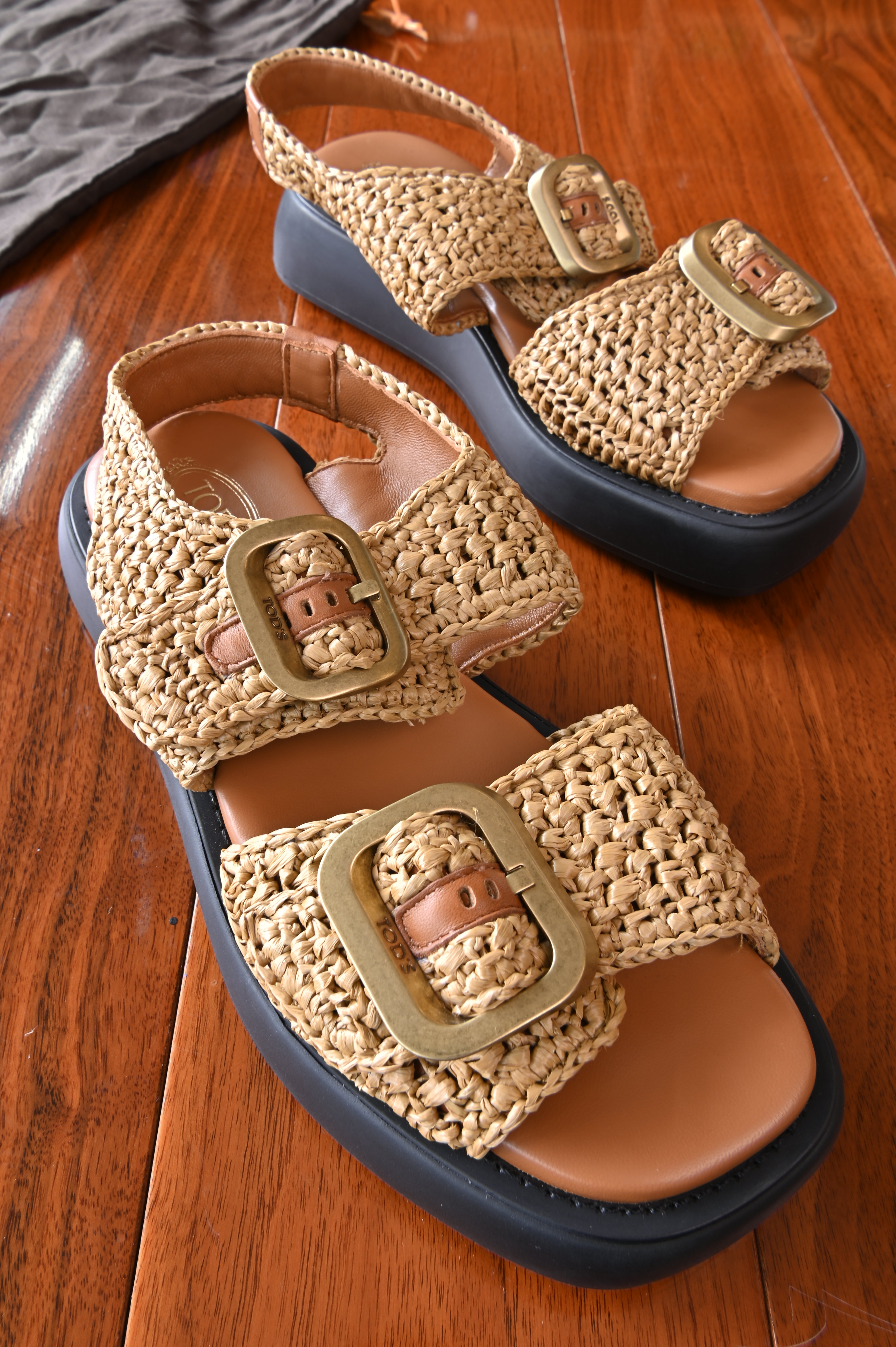 Tod's Tan Woven Raffia Platform Sandals