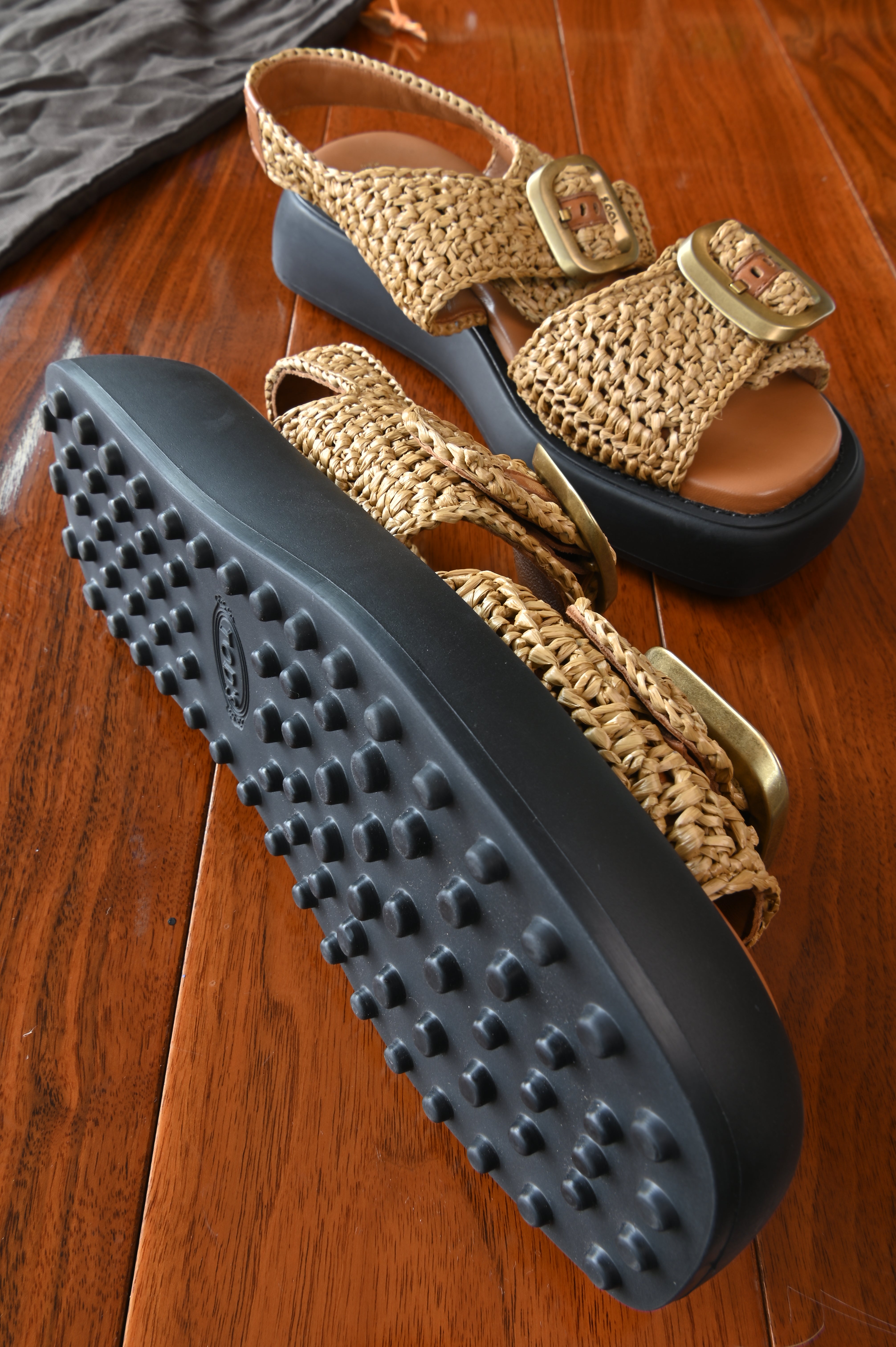Tod's Tan Woven Raffia Platform Sandals left