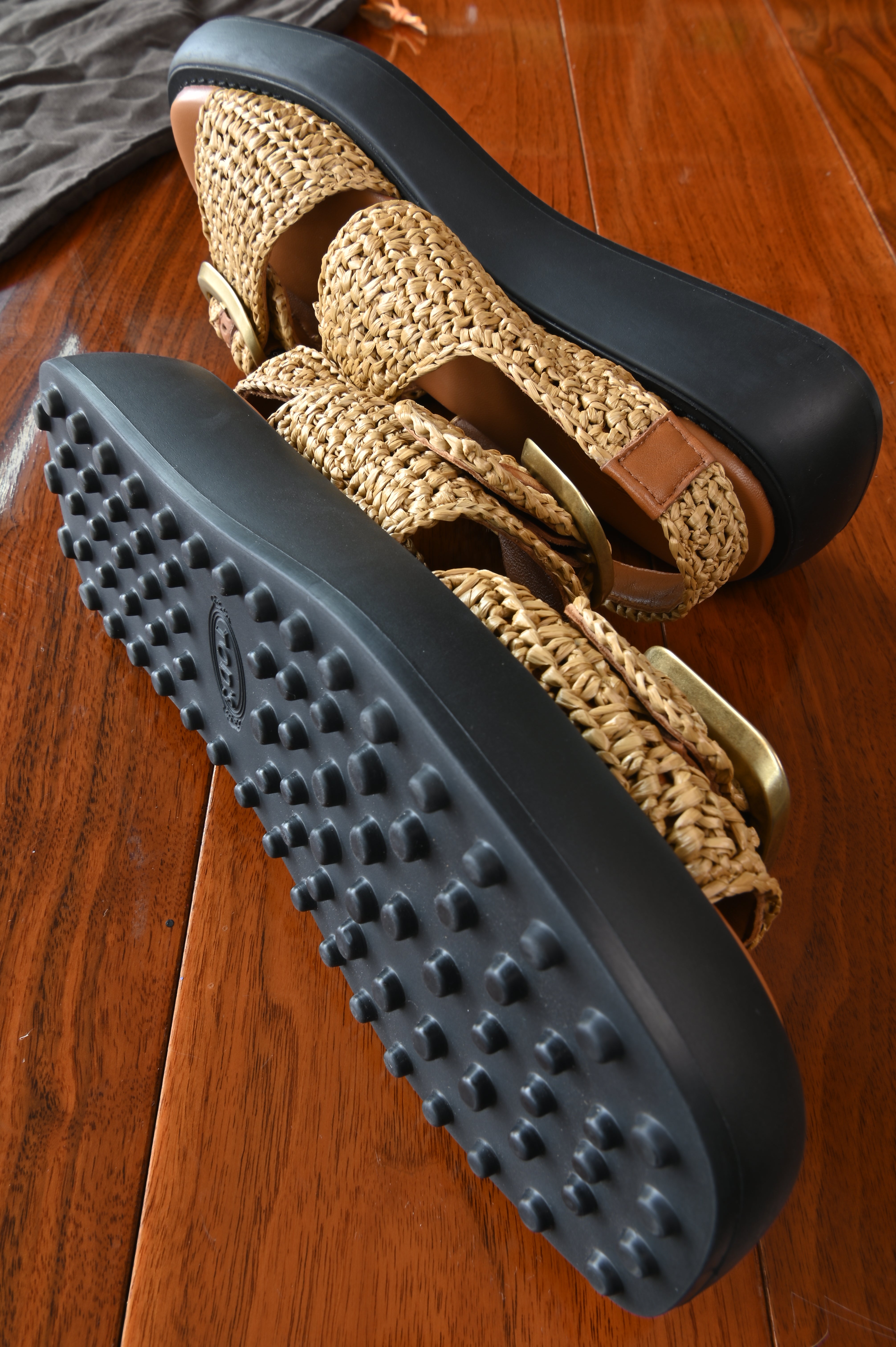 Tod's Tan Woven Raffia Platform Sandals side