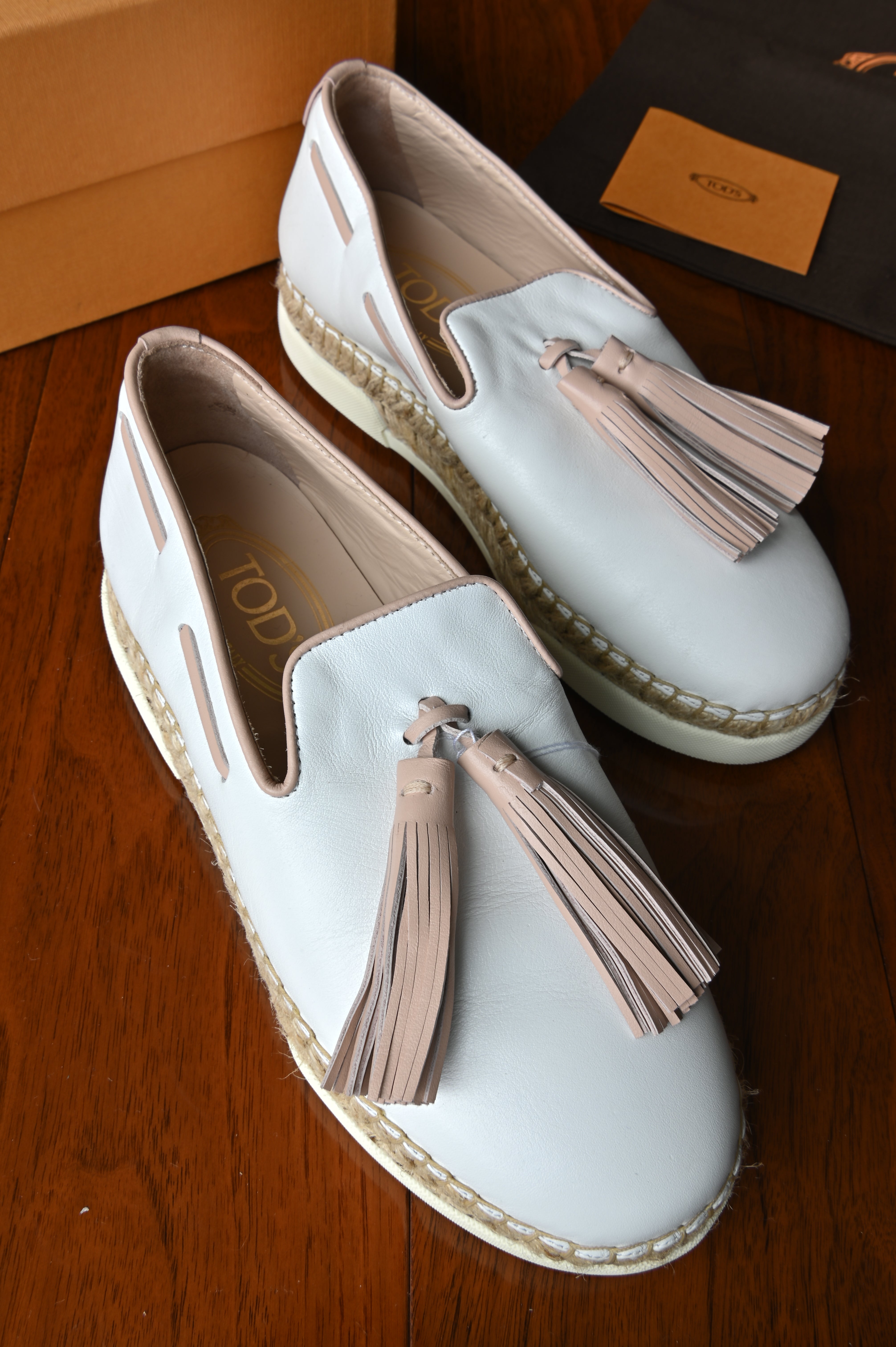 Tod's White Pink Tassel Loafers