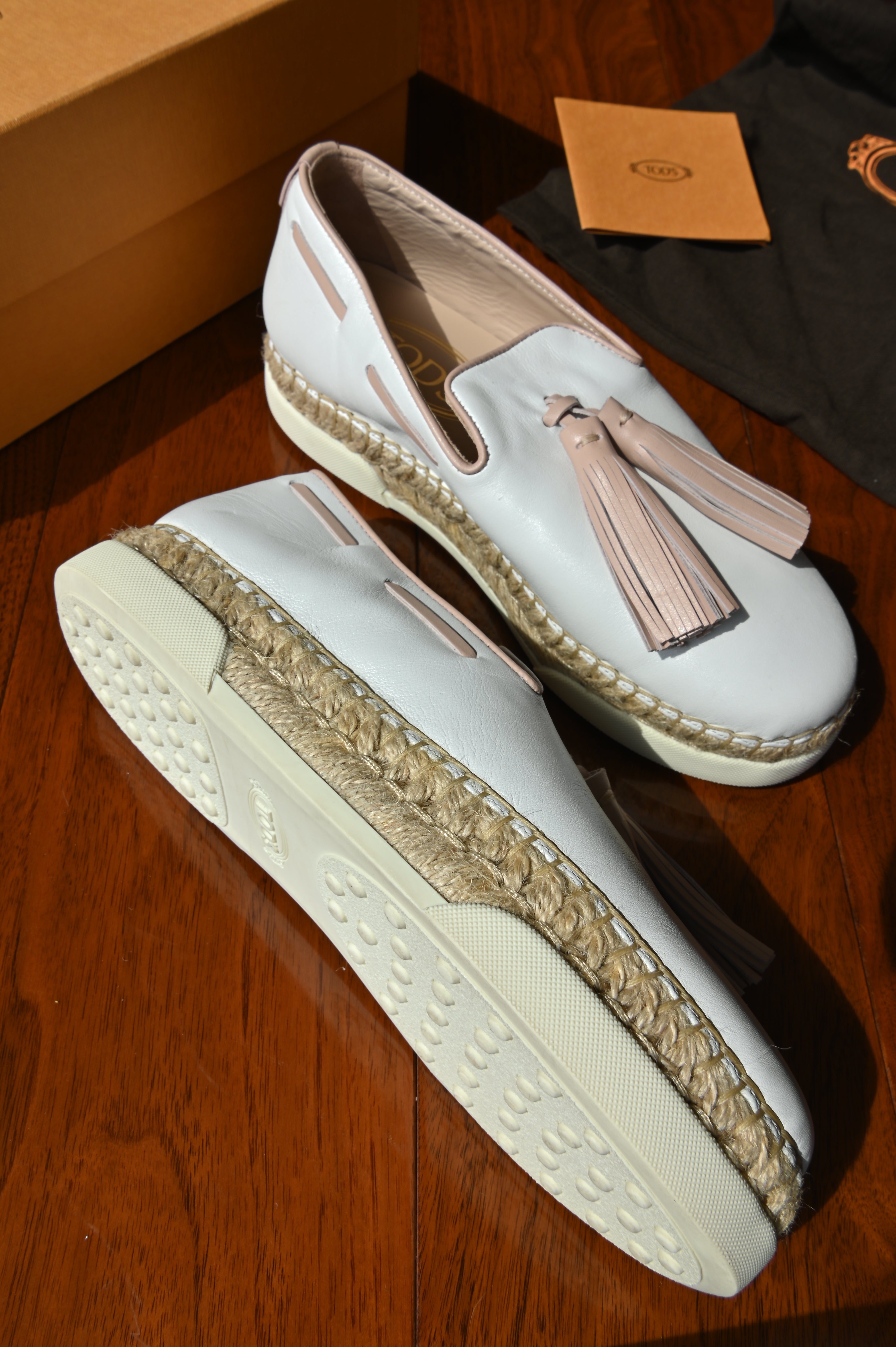Tod's White Pink Tassel Loafers left
