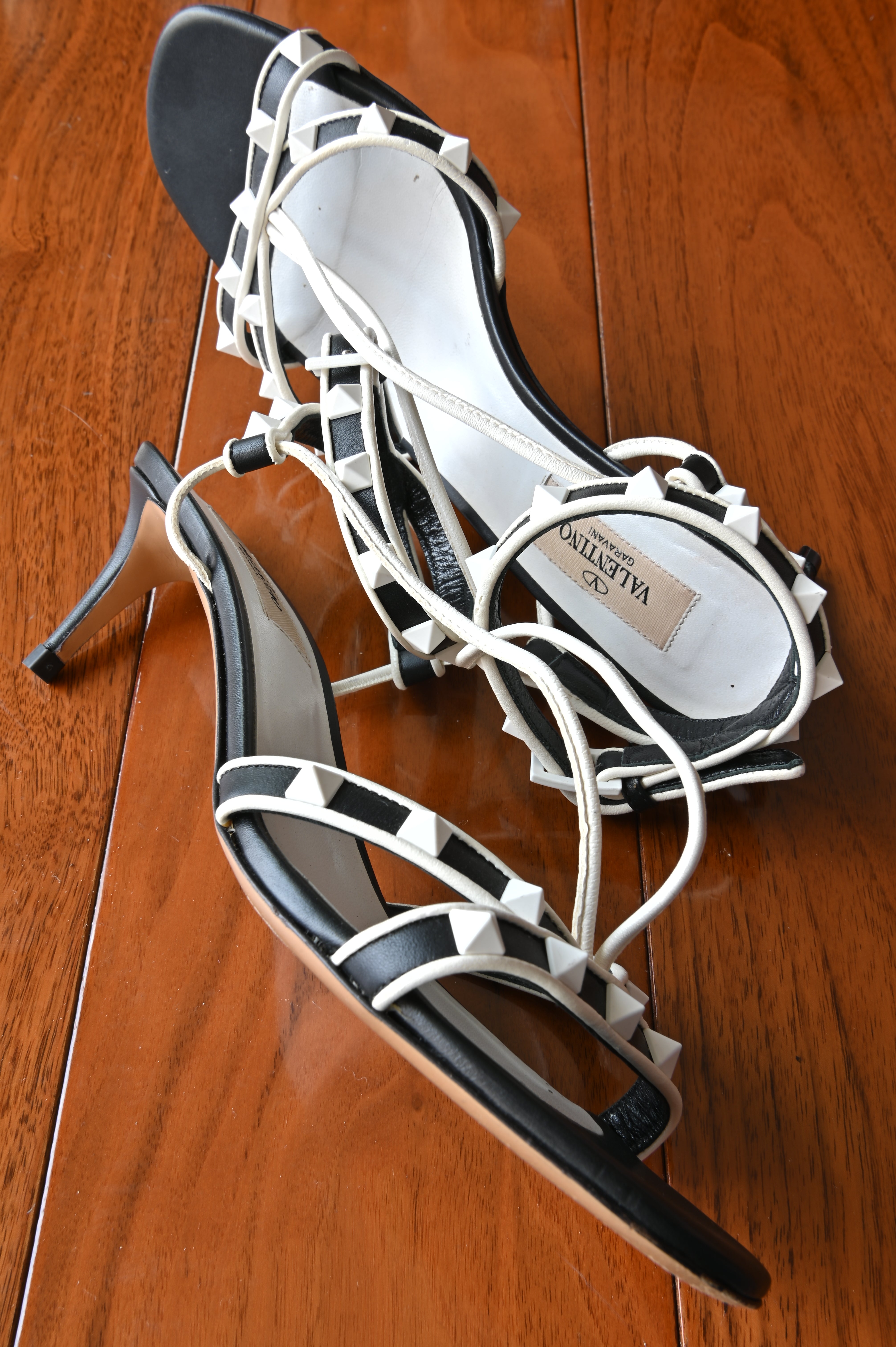 Valentino Garavani Black White Rockstud Cage Sandals side
