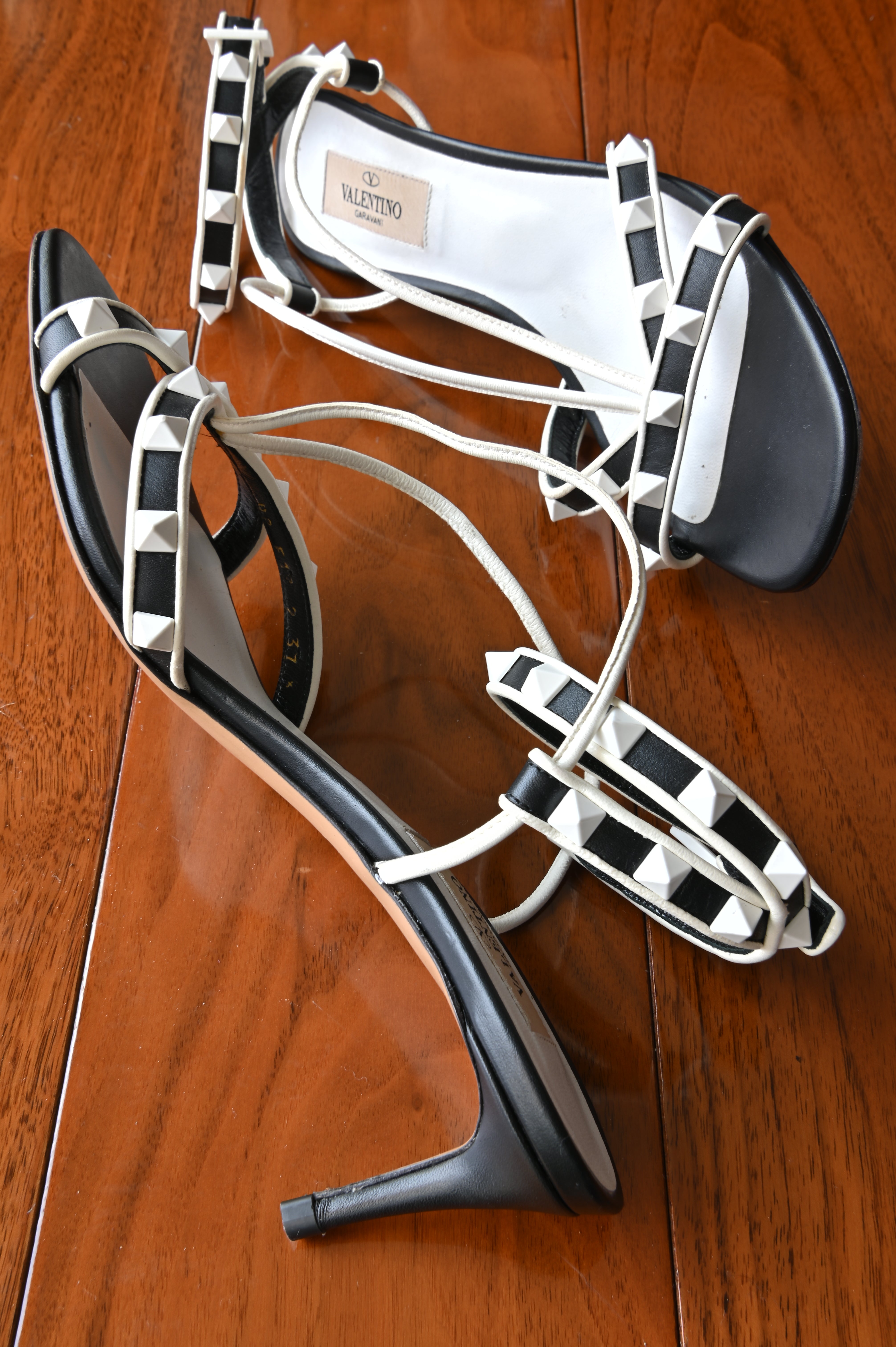 Valentino Garavani Black White Rockstud Cage Sandals side two