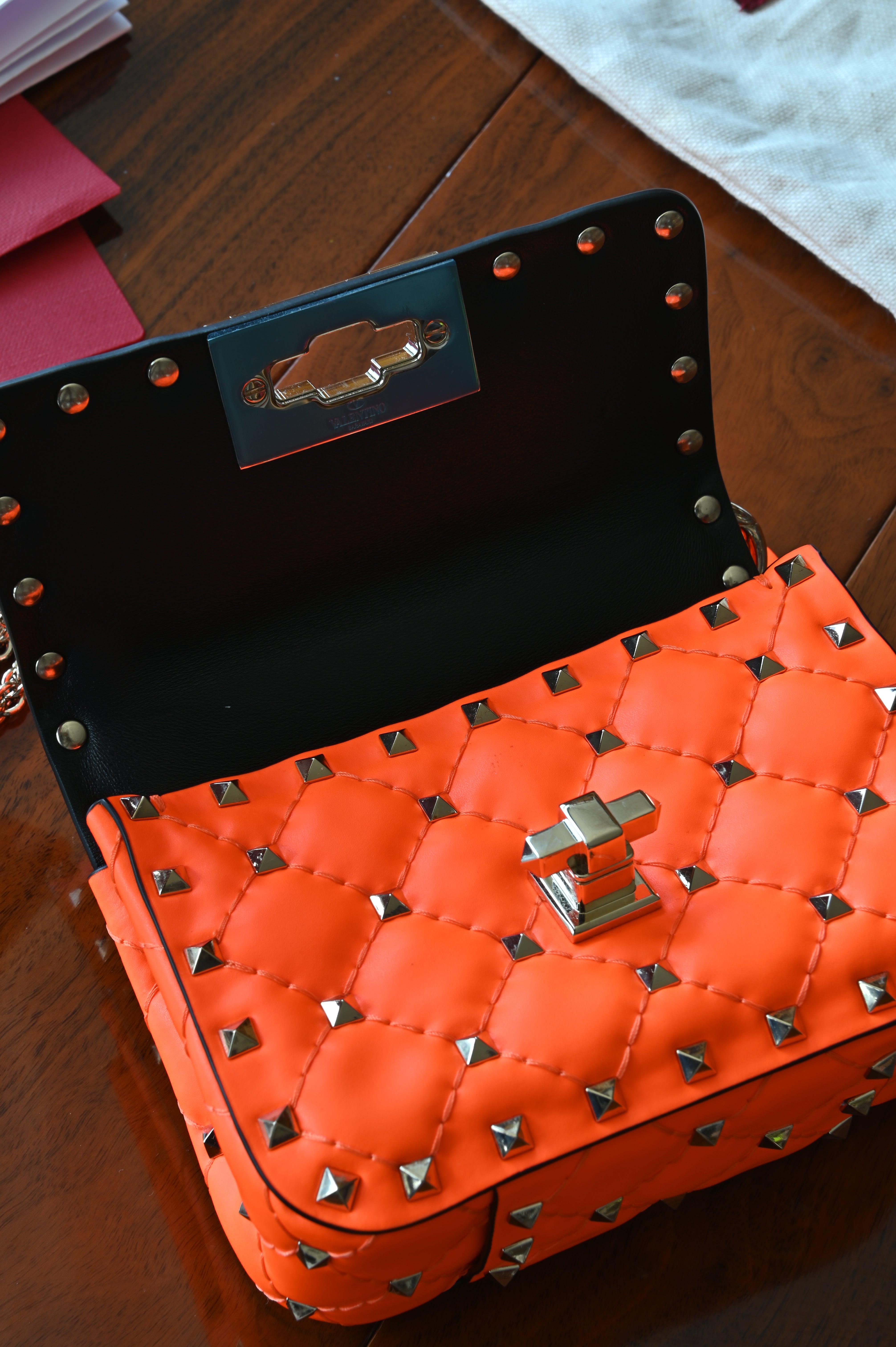 Valentino Garavani Mini Orange Rockstud Shoulder Bag open