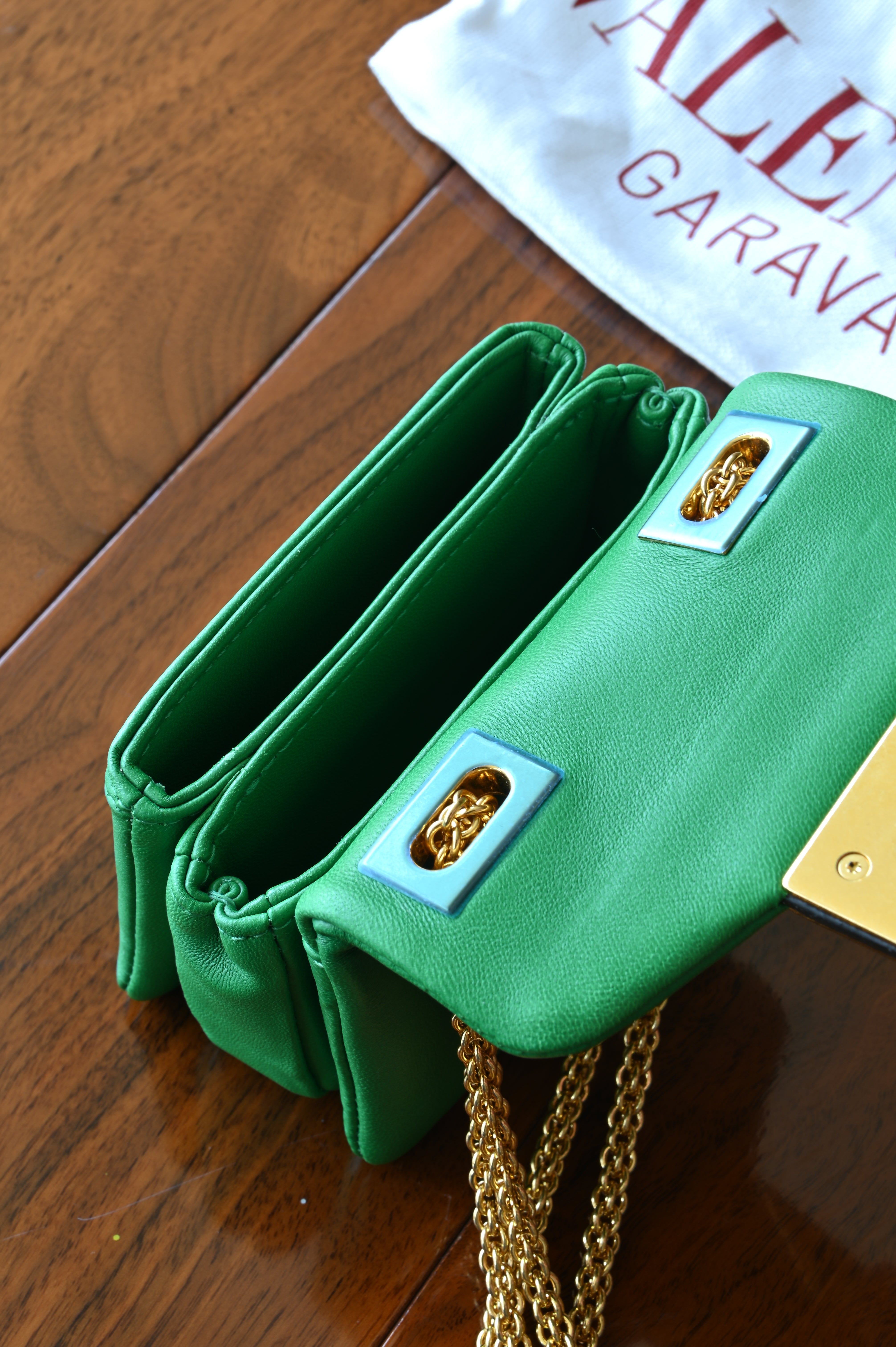 Valentino Garavani One Stud Green Micro Shoulder Bag open