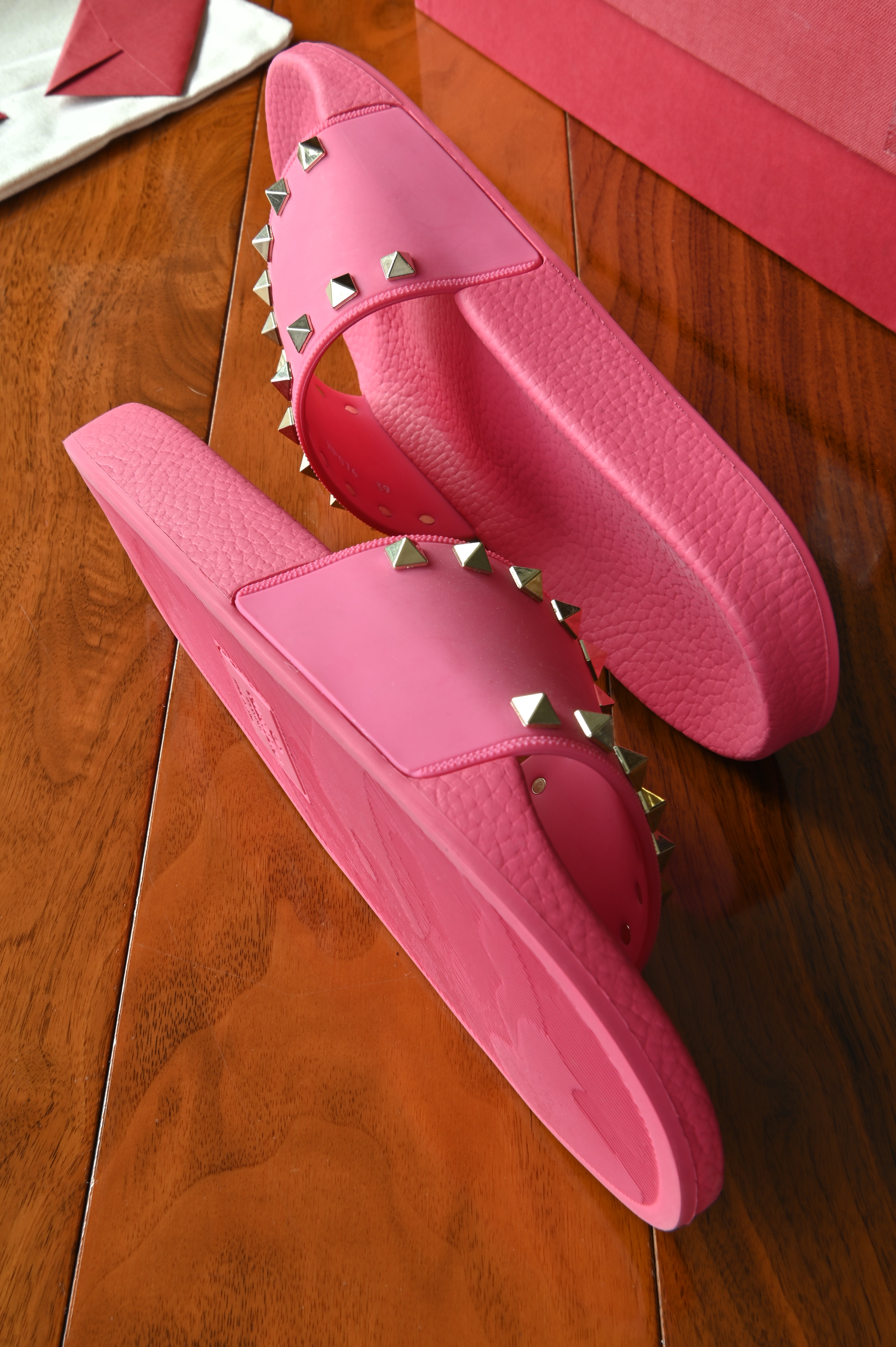 Valentino Garavani Pink Rockstud Rubber Slippers side