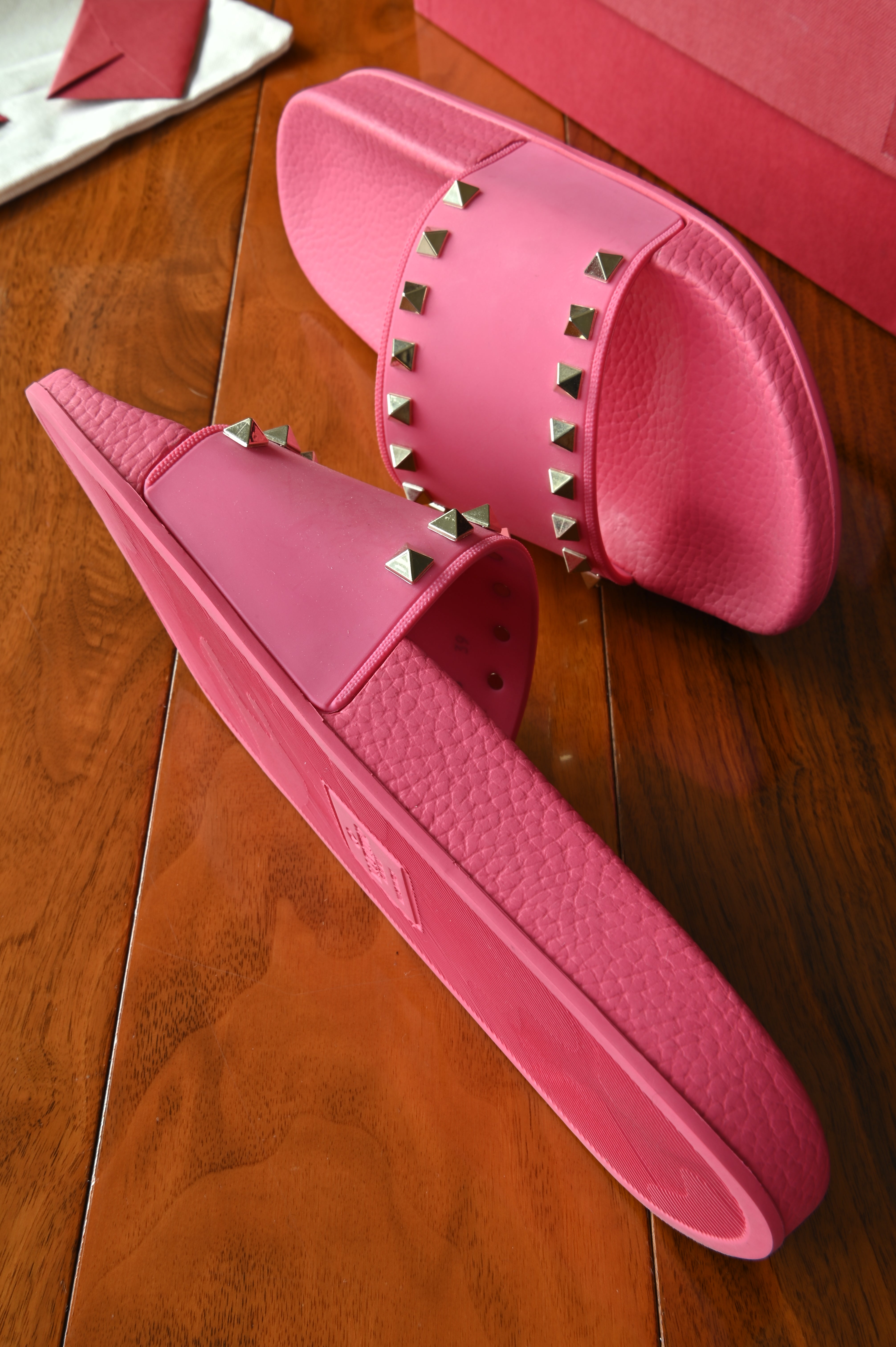 Valentino Garavani Pink Rockstud Rubber Slippers side two