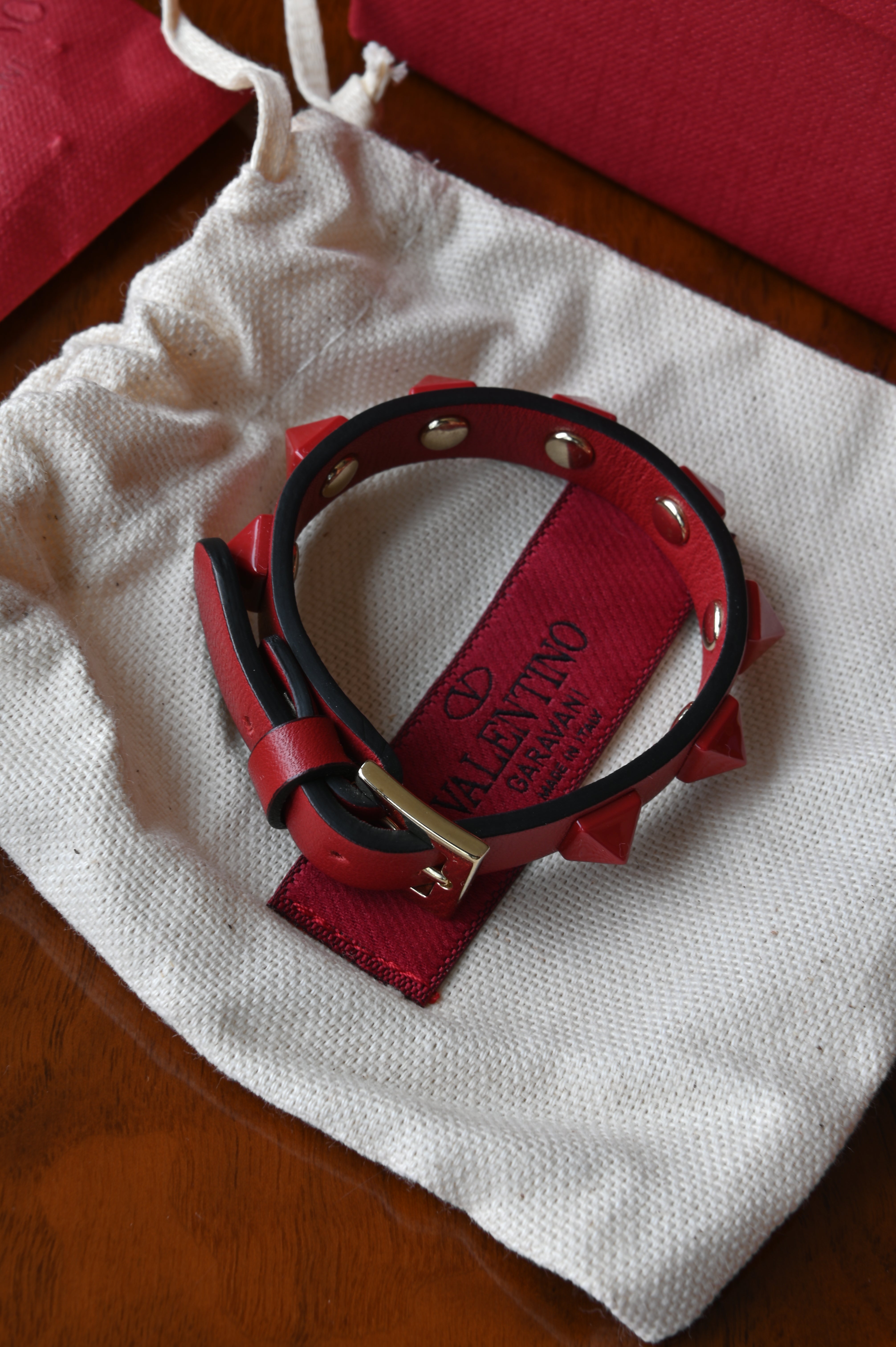 Valentino Garavani Red Rockstud Leather Bracelet angle three