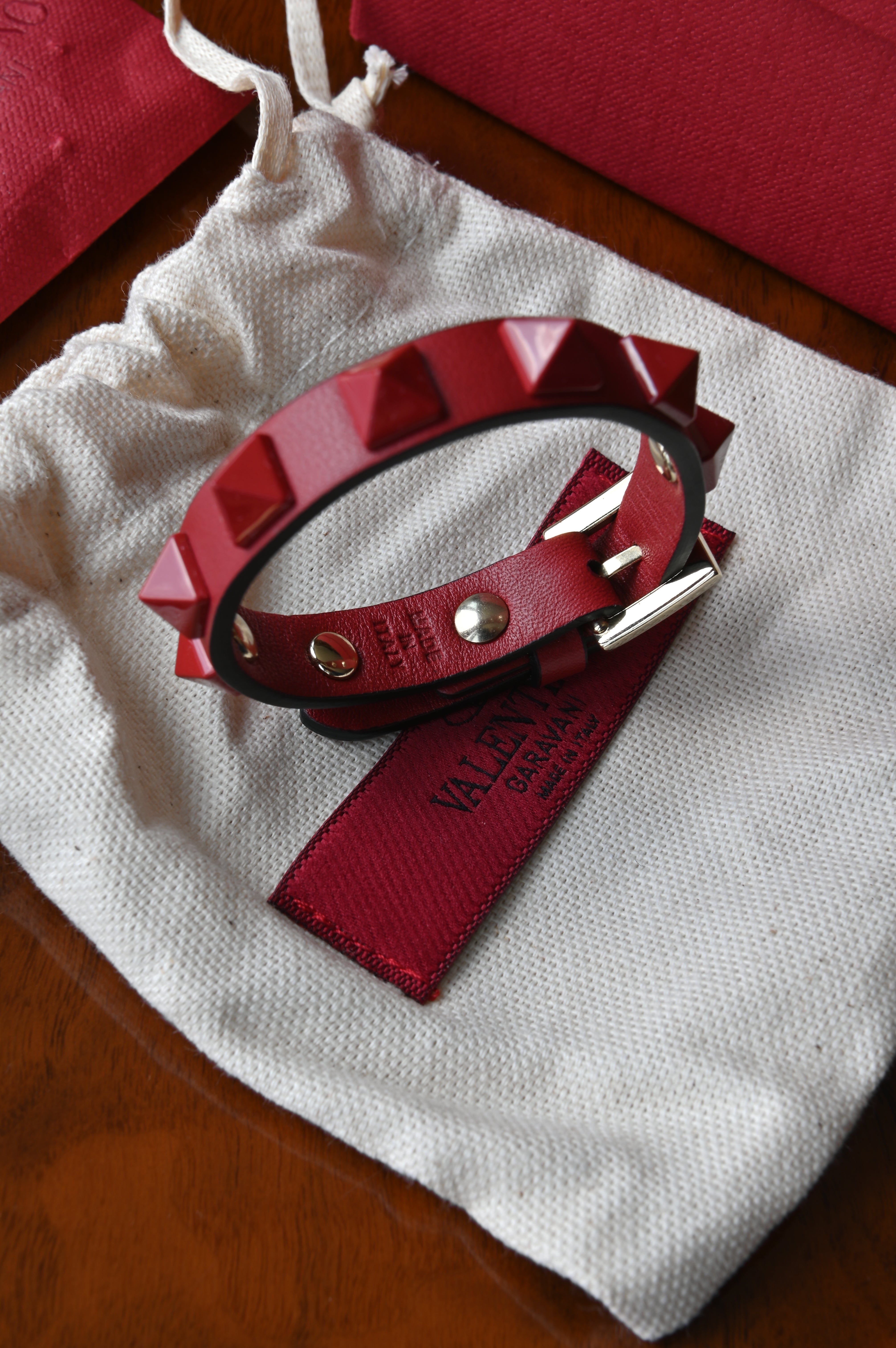 Valentino Garavani Red Rockstud Leather Bracelet logo