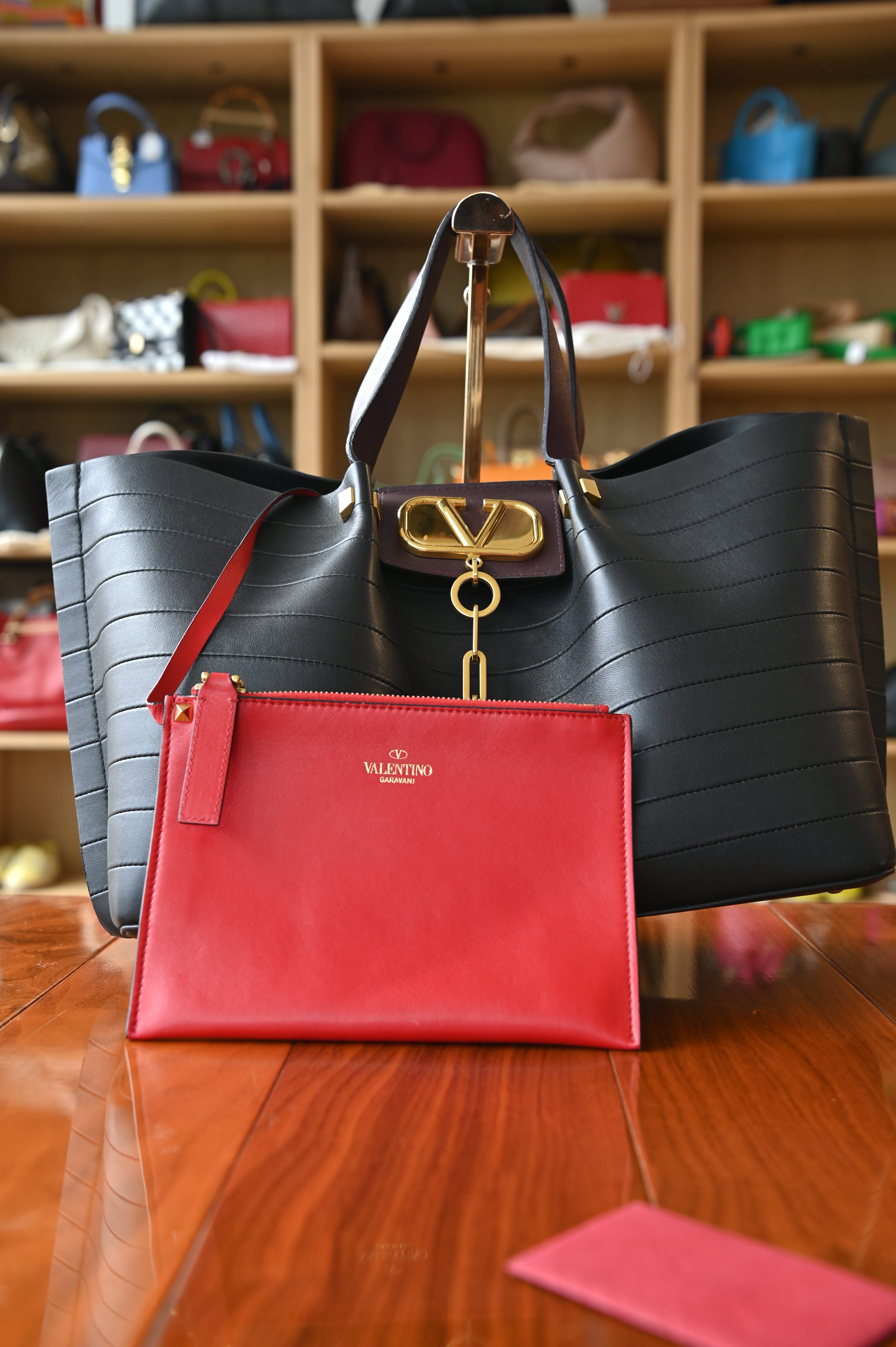 Valentino Garavani VLogo Black Gold Tote Bag pouch