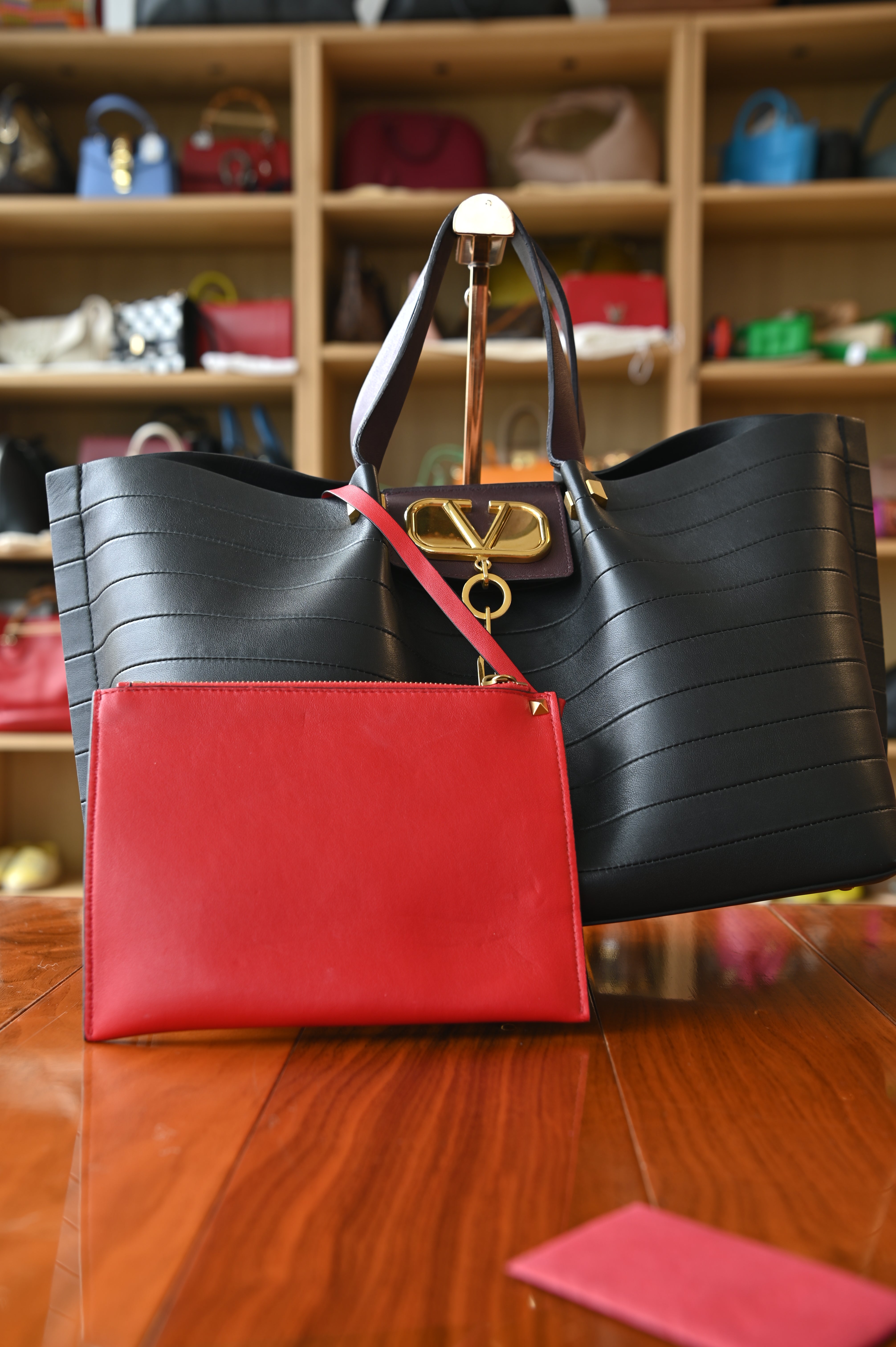 Valentino Garavani VLogo Black Gold Tote Bag pouch back