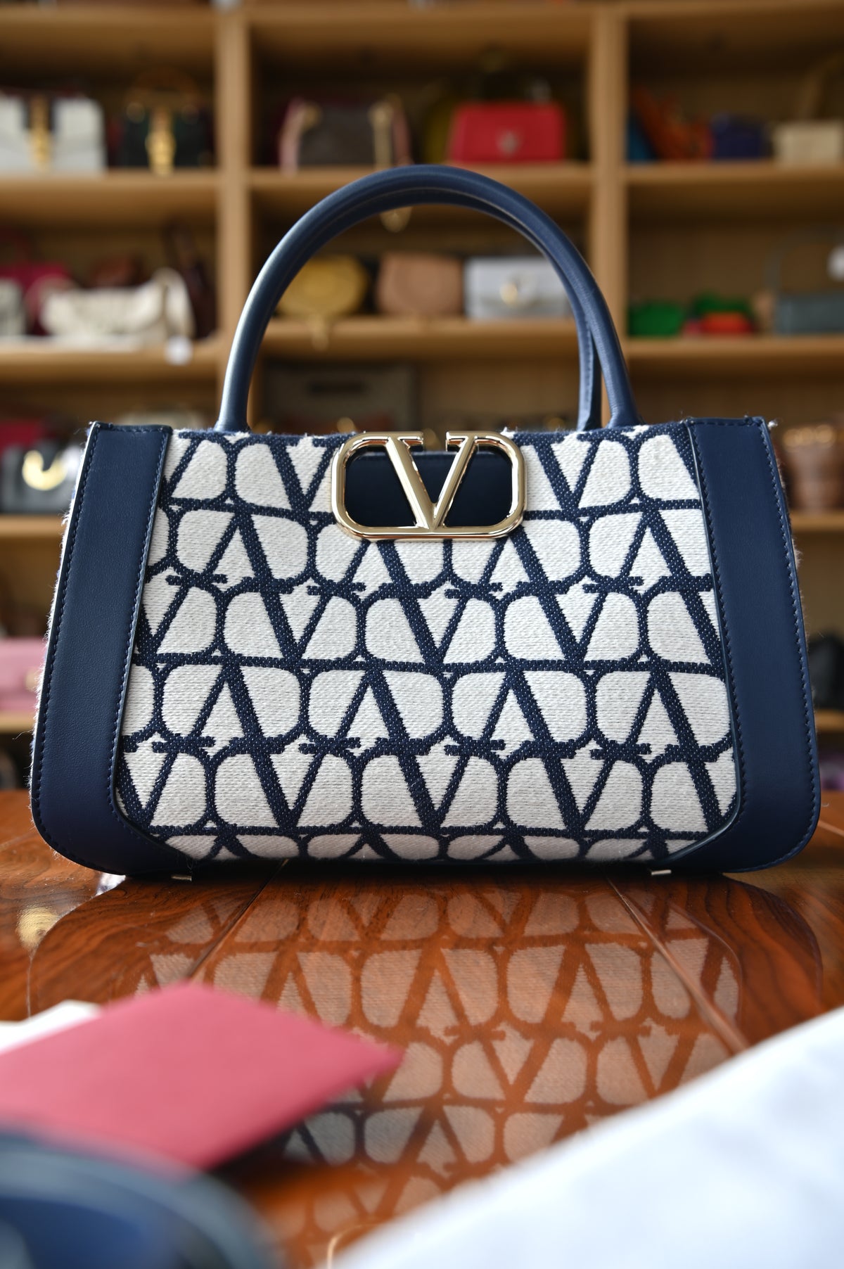 Valentino White Blue VLogo Small Tote Bag