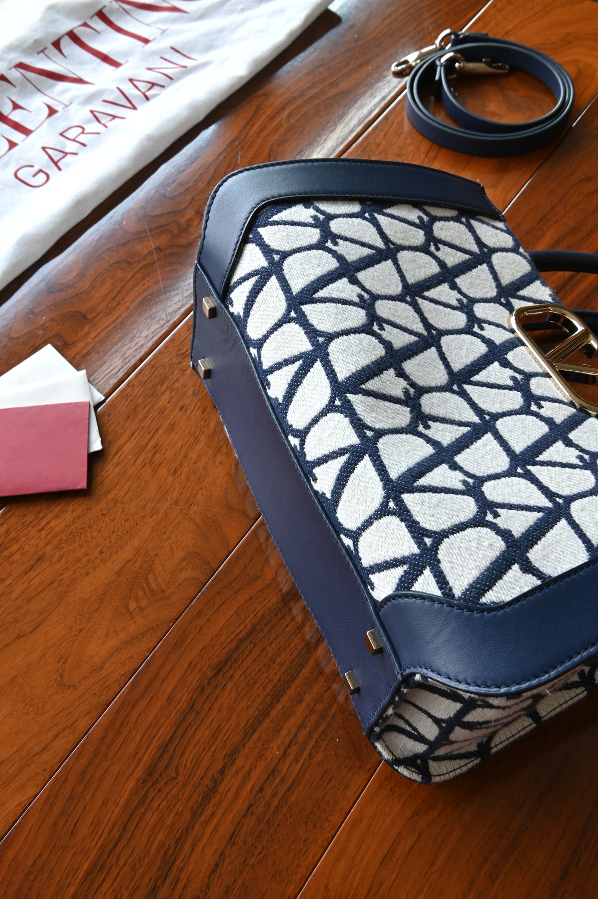 Valentino White Blue VLogo Small Tote Bag bottom