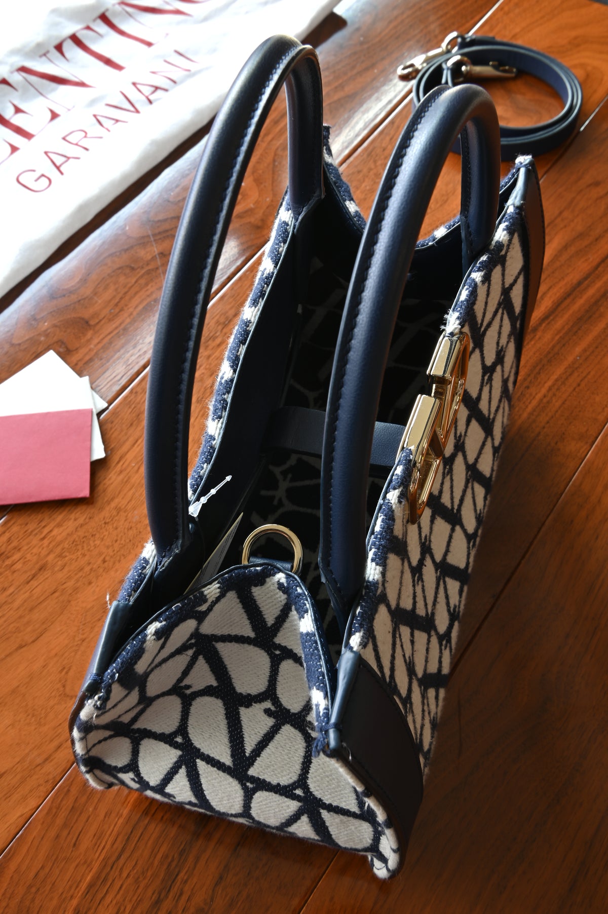 Valentino White Blue VLogo Small Tote Bag top