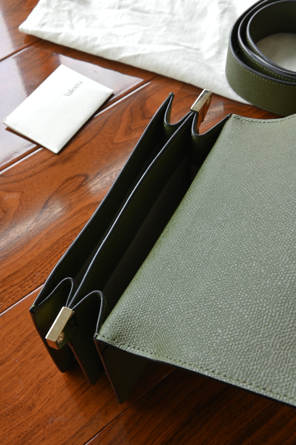 Valextra Olive Green Shoulder Bag top open