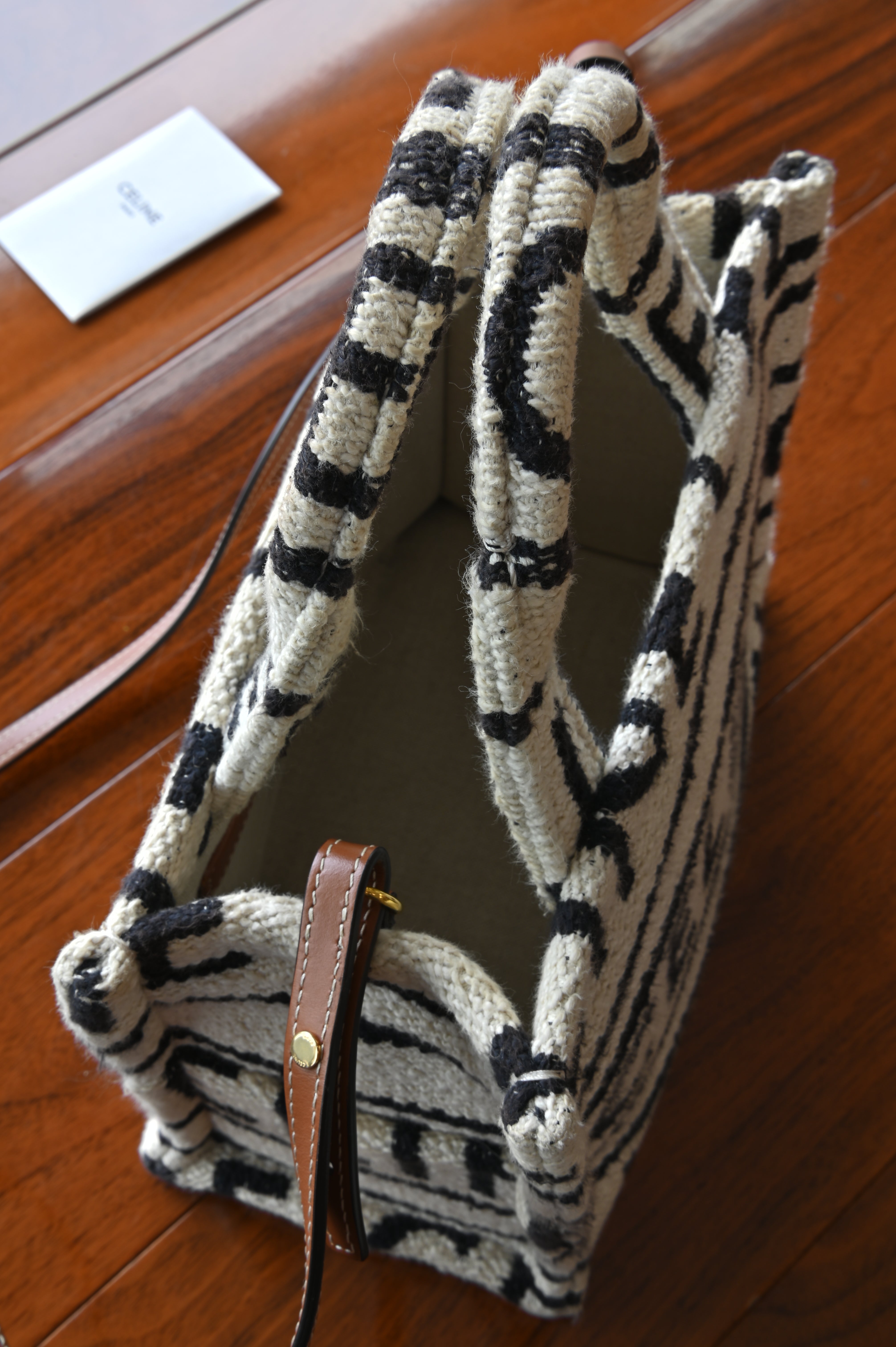 Authentic Celine Small White Canvas Tote Bag showing the open top with spacious interior and removable organiser.