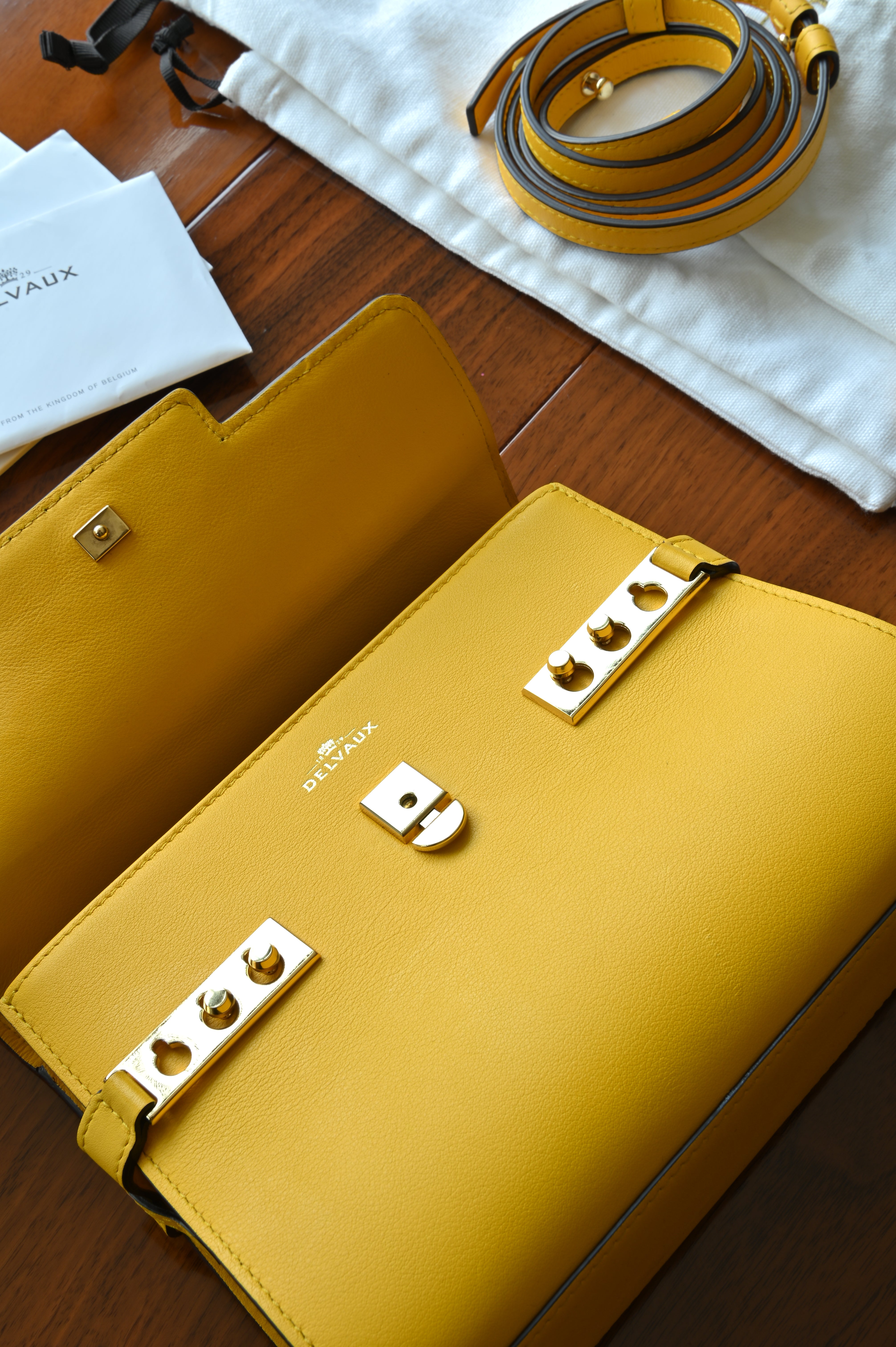 Close-up of the authentic Delvaux Tempête Mini Souple Safra Yellow Leather Top Handle Bag showcasing the embossed Delvaux logo on the leather exterior.