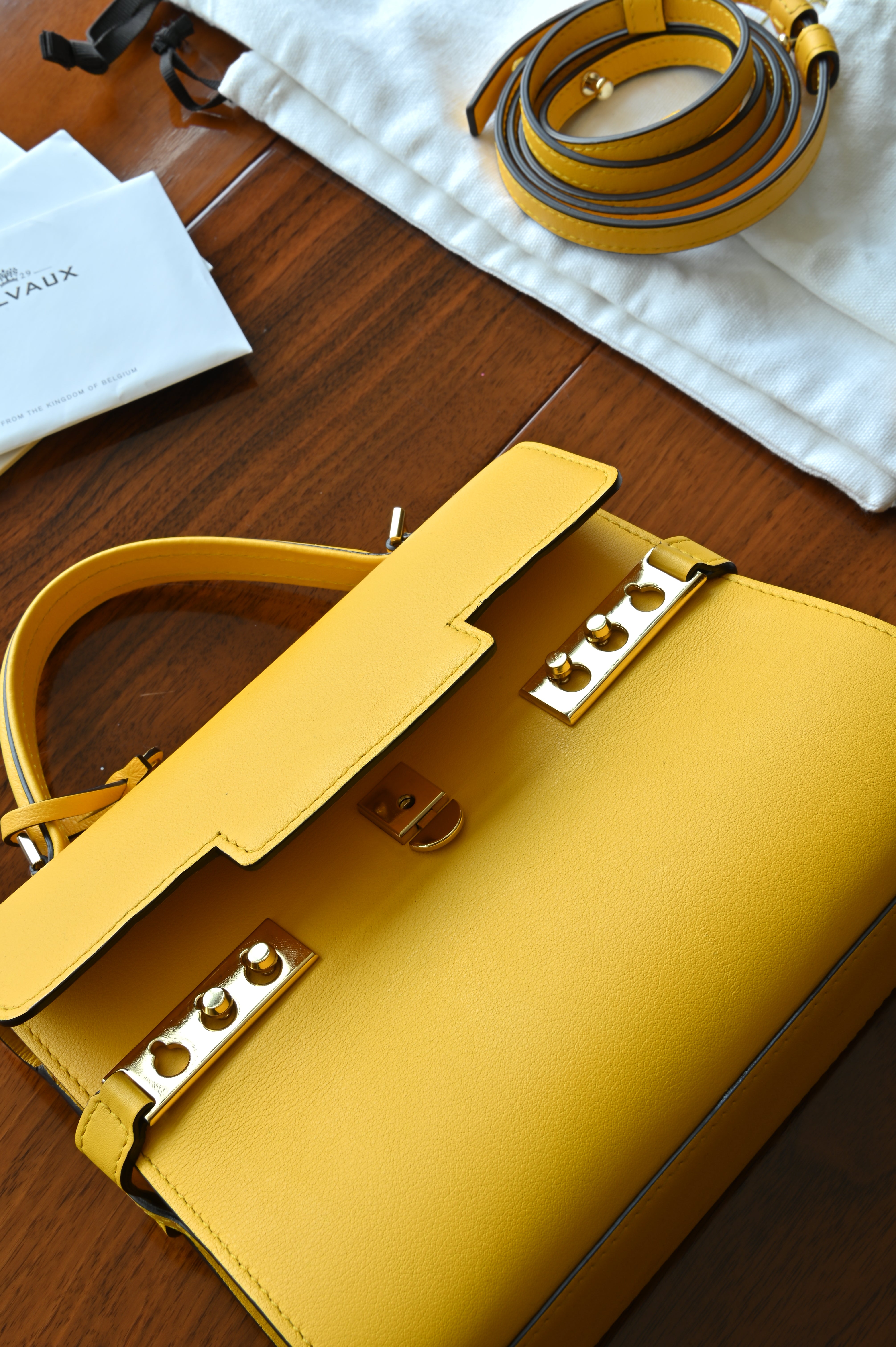 Authentic Delvaux Tempête Mini Souple Safra Yellow Leather Top Handle Bag viewed from above showing the spacious interior, leather lining and detachable strap.