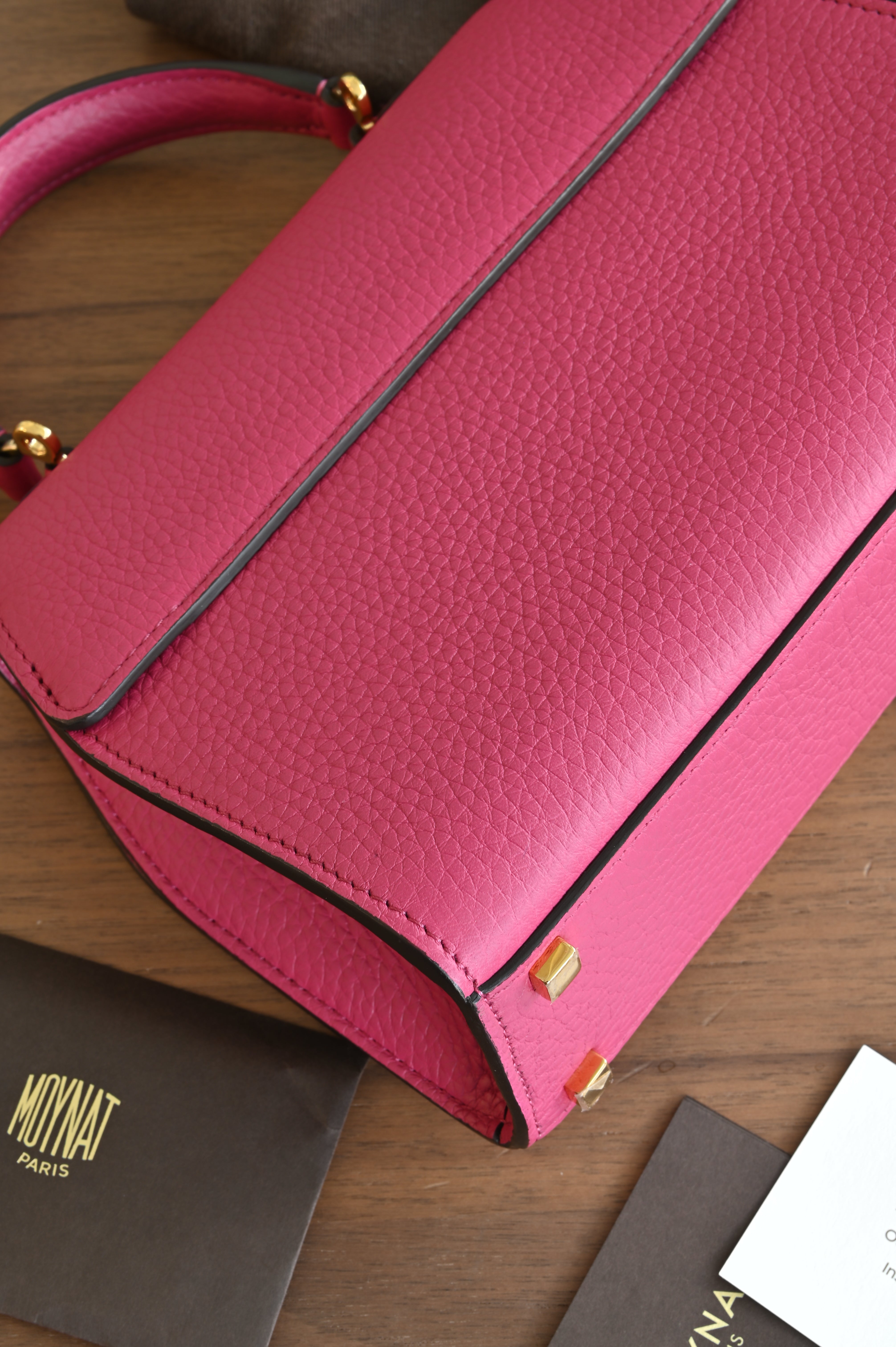 Authentic preloved Moynat Rejane BB in fuchsia pink – bottom view corner 3