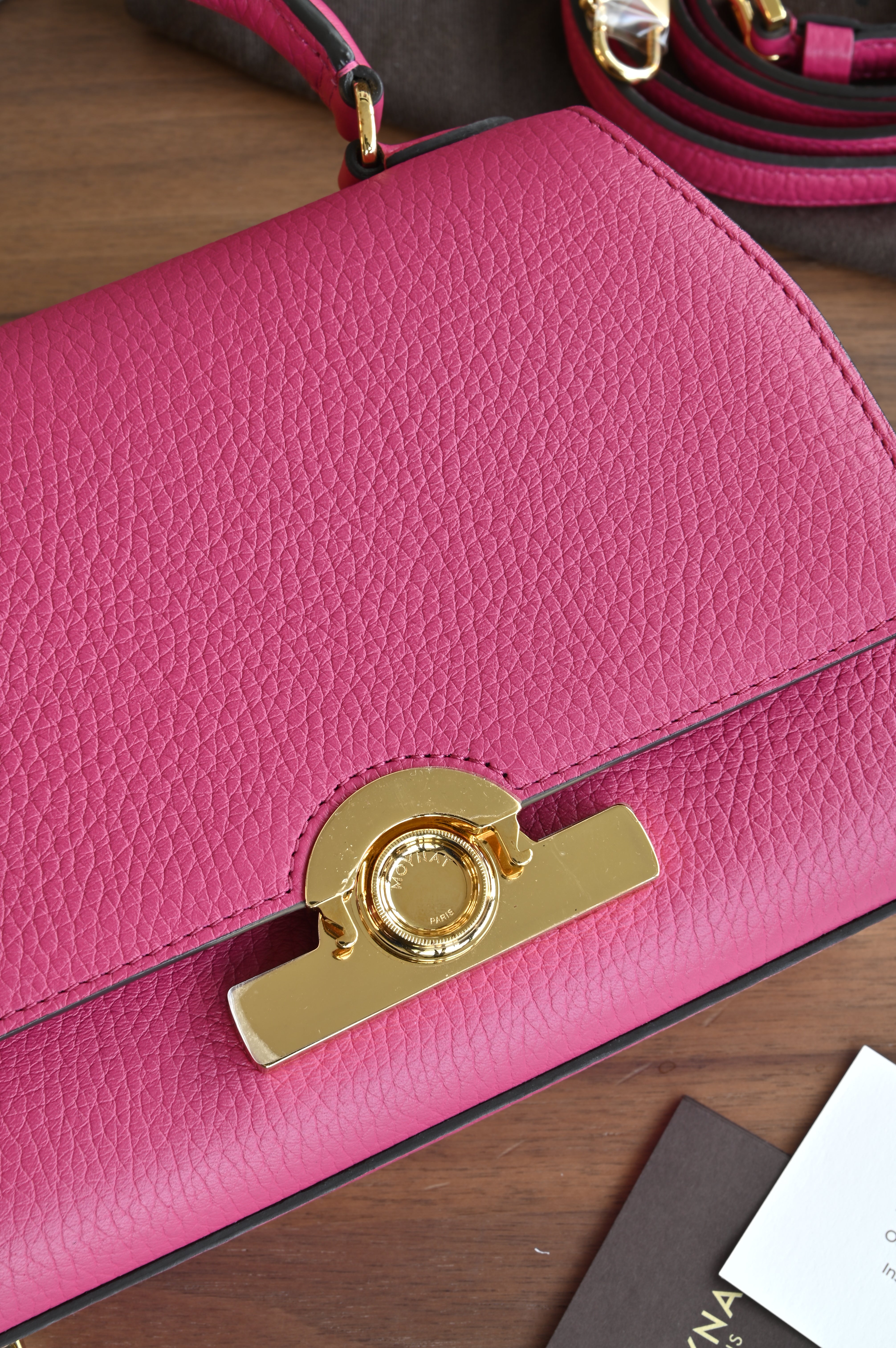 Authentic preloved Moynat Rejane BB – front leather and gold hardware detail
