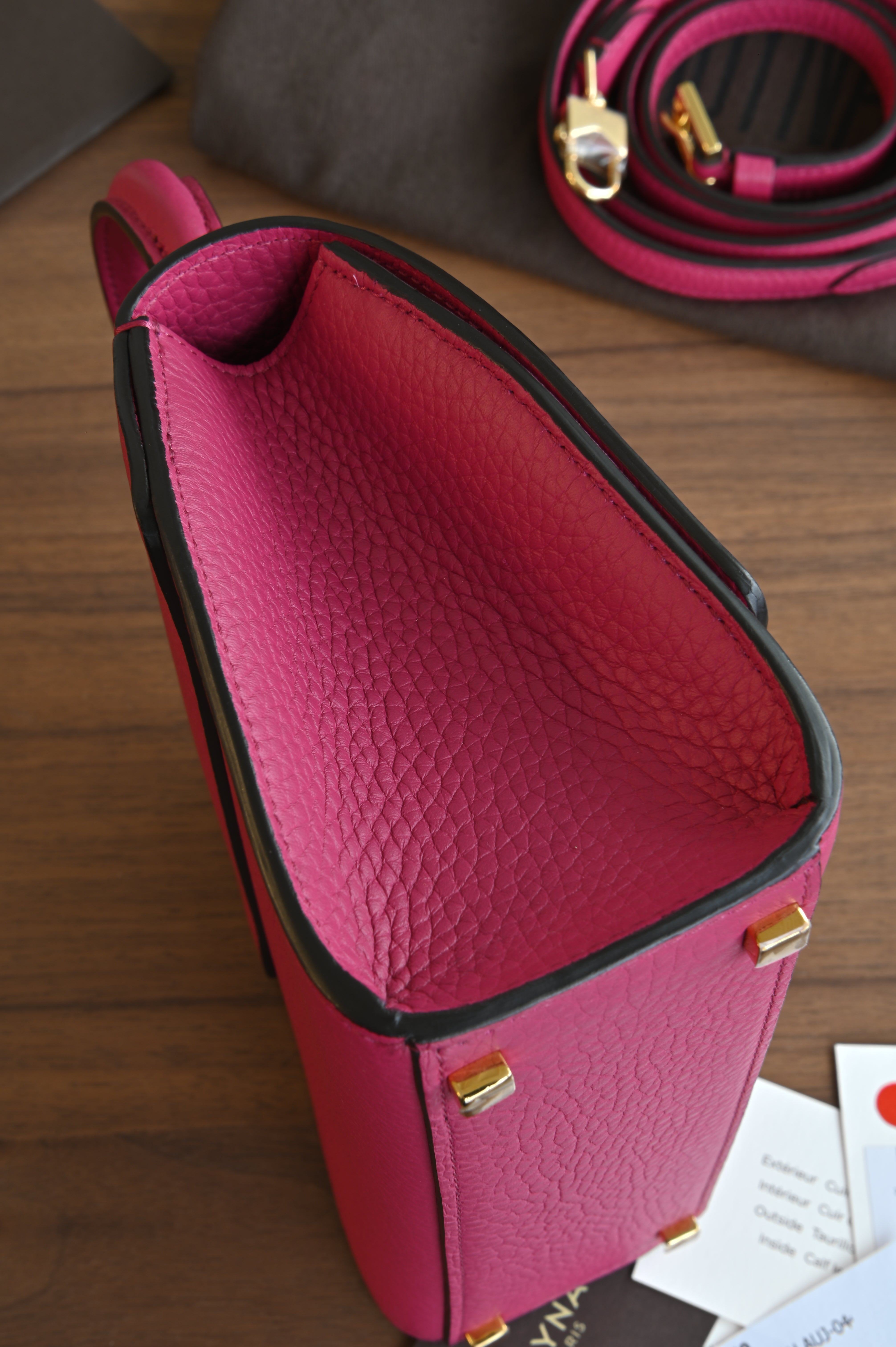 Authentic preloved Moynat Rejane BB in fuchsia pink Taurillon leather – opposite side view