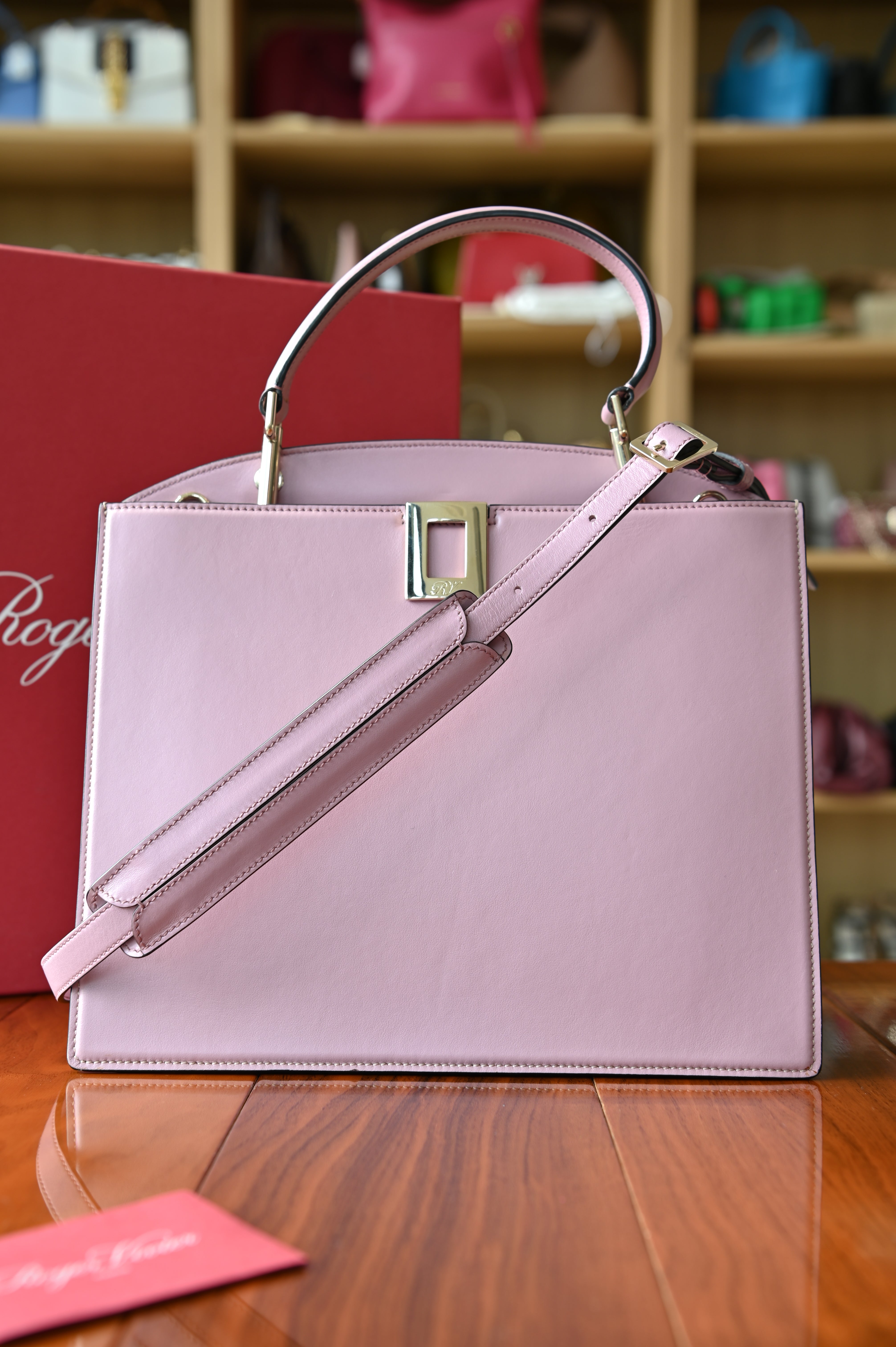Roger Vivier Viv’ Cabas Pink Leather Top Handle Bag with detachable leather shoulder strap in like new condition.