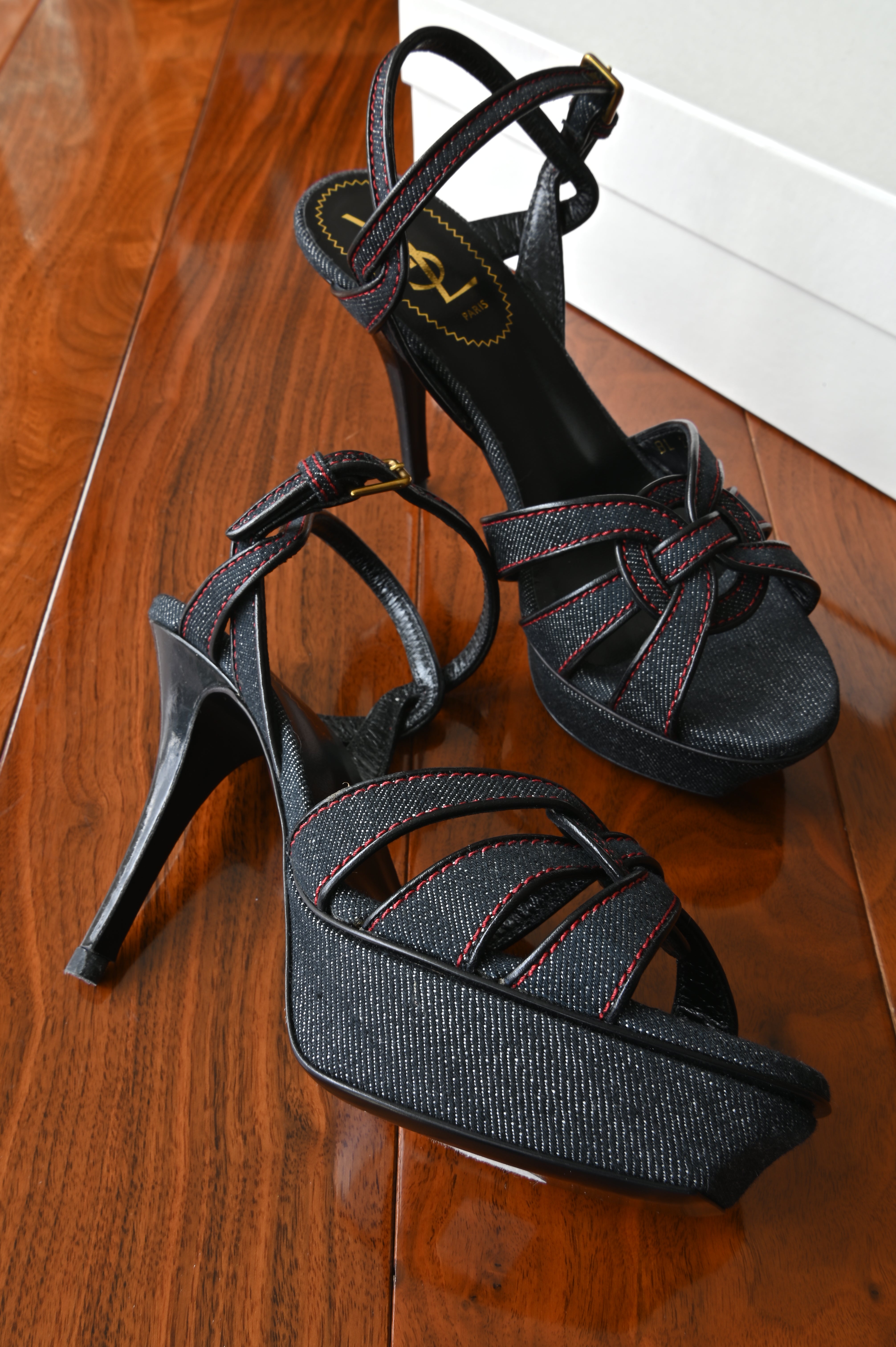 <美品>SAINT LAURENT ブラックエスパドリーユサンダル 36 Saint Laurent Black Denim Tribute Platform Sandals